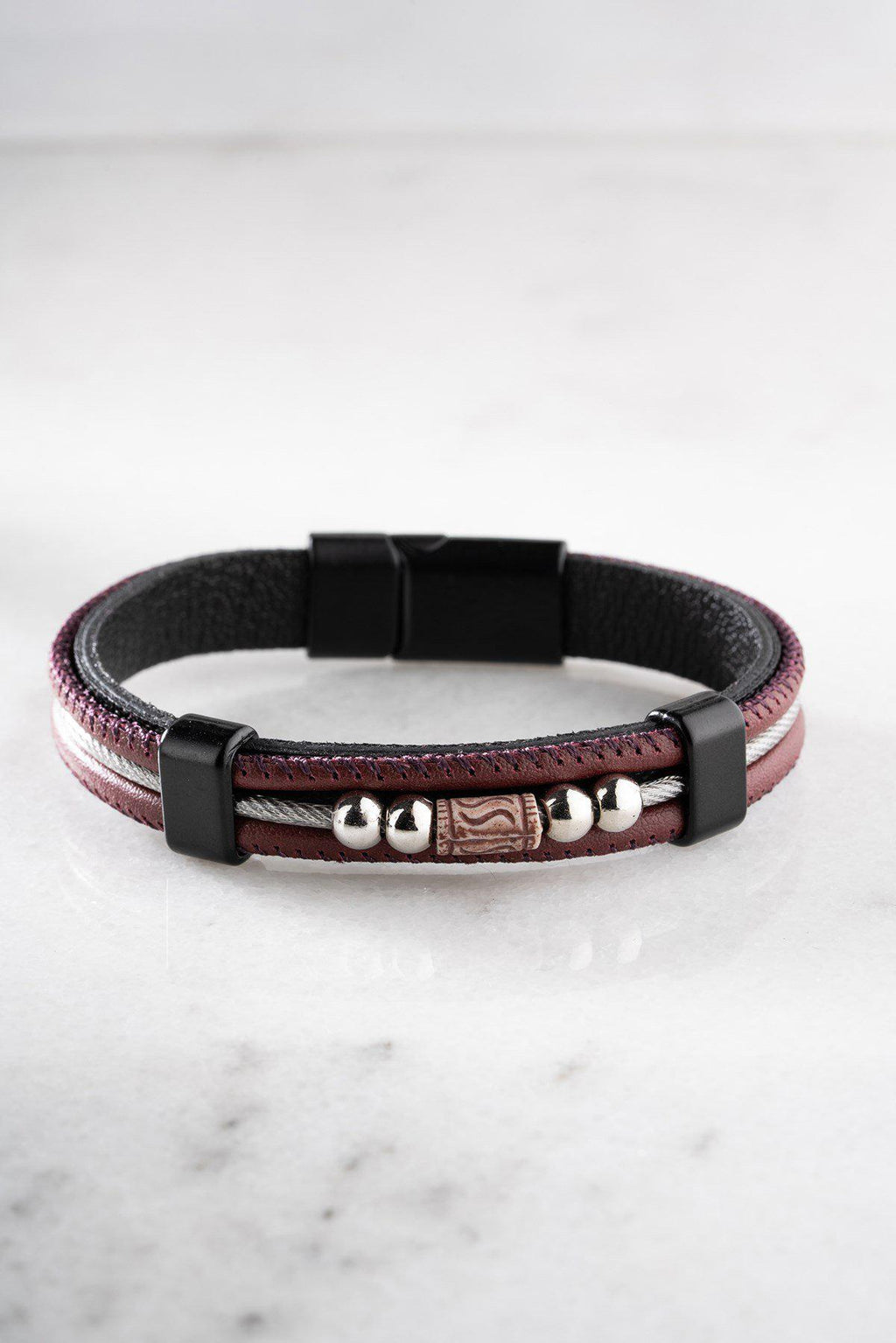 Men's Leather Bracelet, Stainless Steel Jewelry, Burgundy Bracelet, Gift for Him
