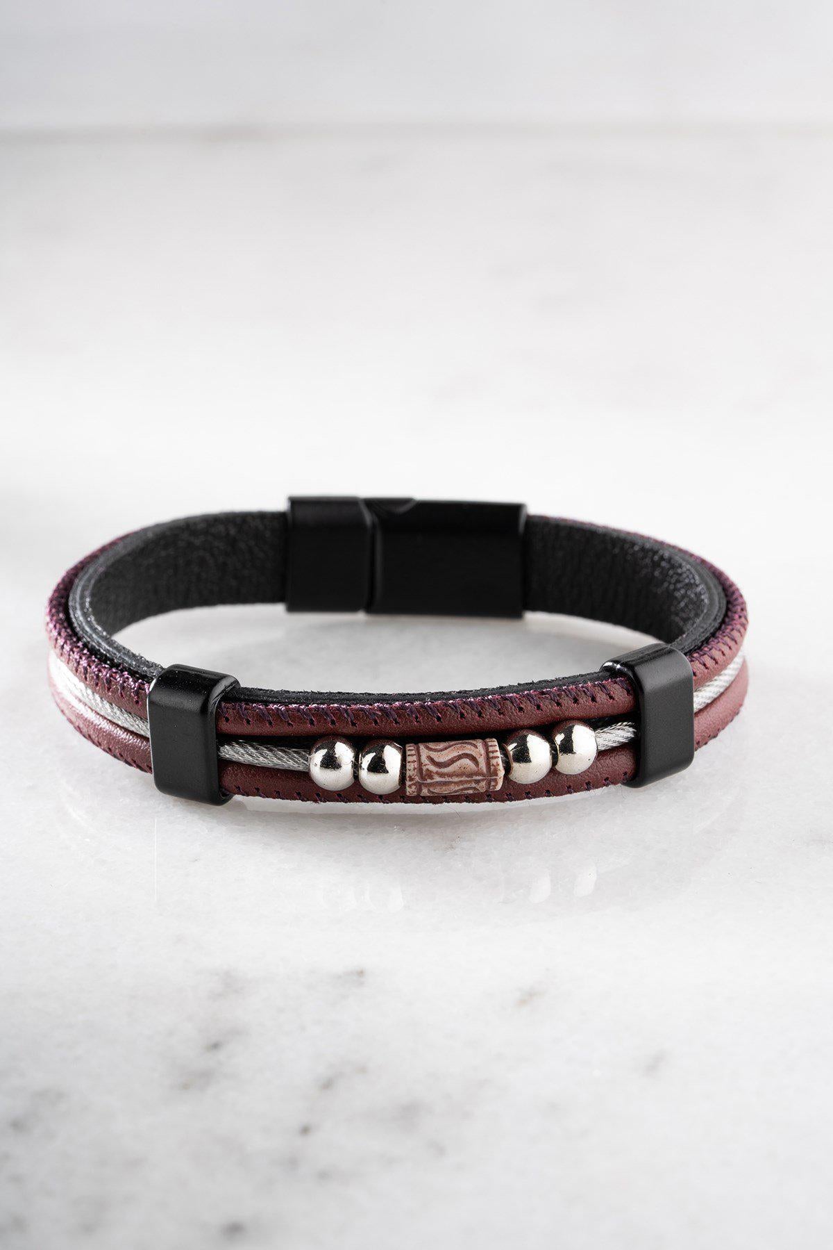 Men's Leather Bracelet, Stainless Steel Jewelry, Burgundy Bracelet, Gift for Him