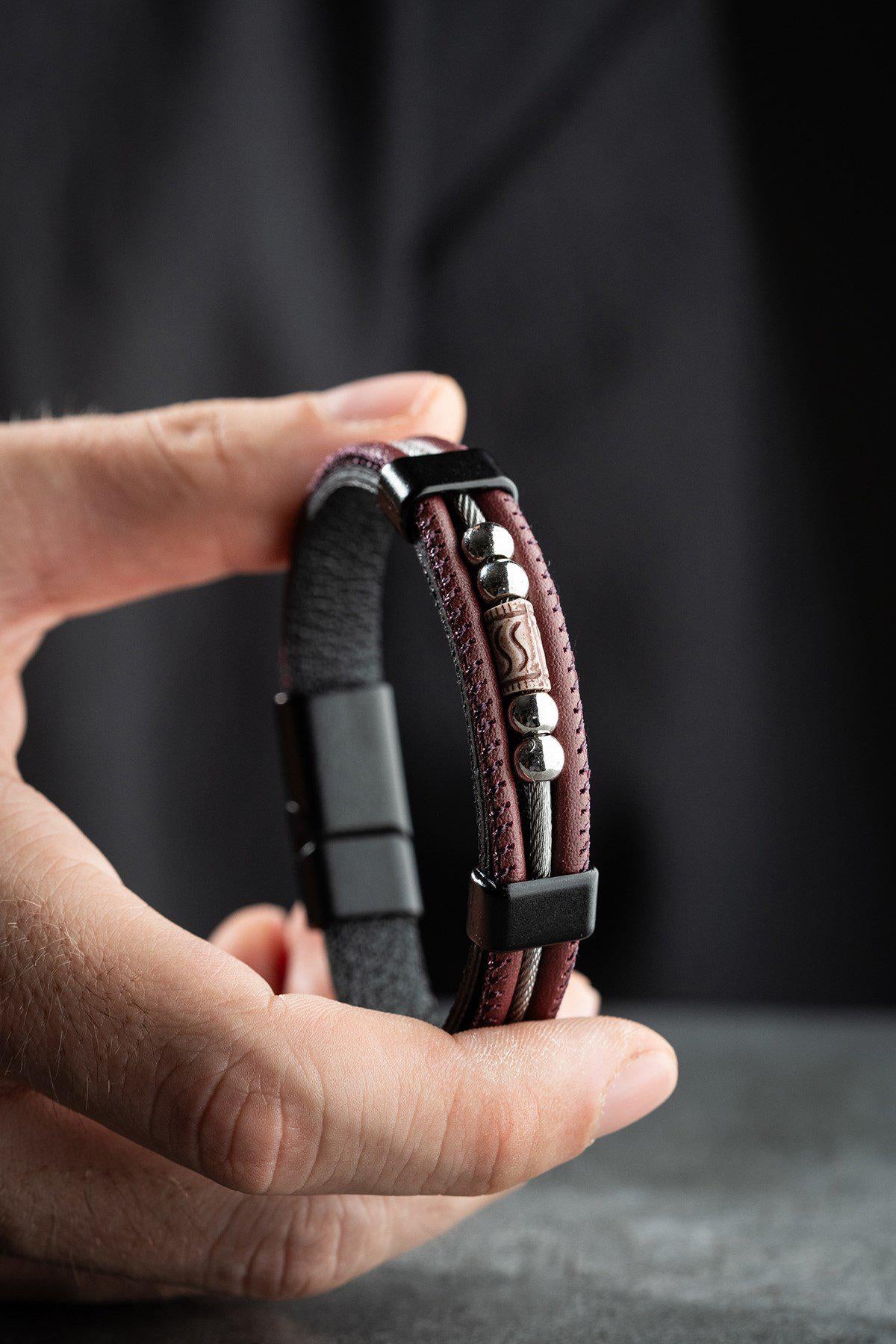 Men's Leather Bracelet, Stainless Steel Jewelry, Burgundy Bracelet, Gift for Him