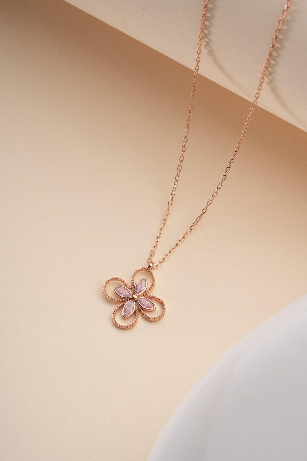 Rose Gold Plated 925 Sterling Silver | Pink Zircon Four Leaf Clover Necklace