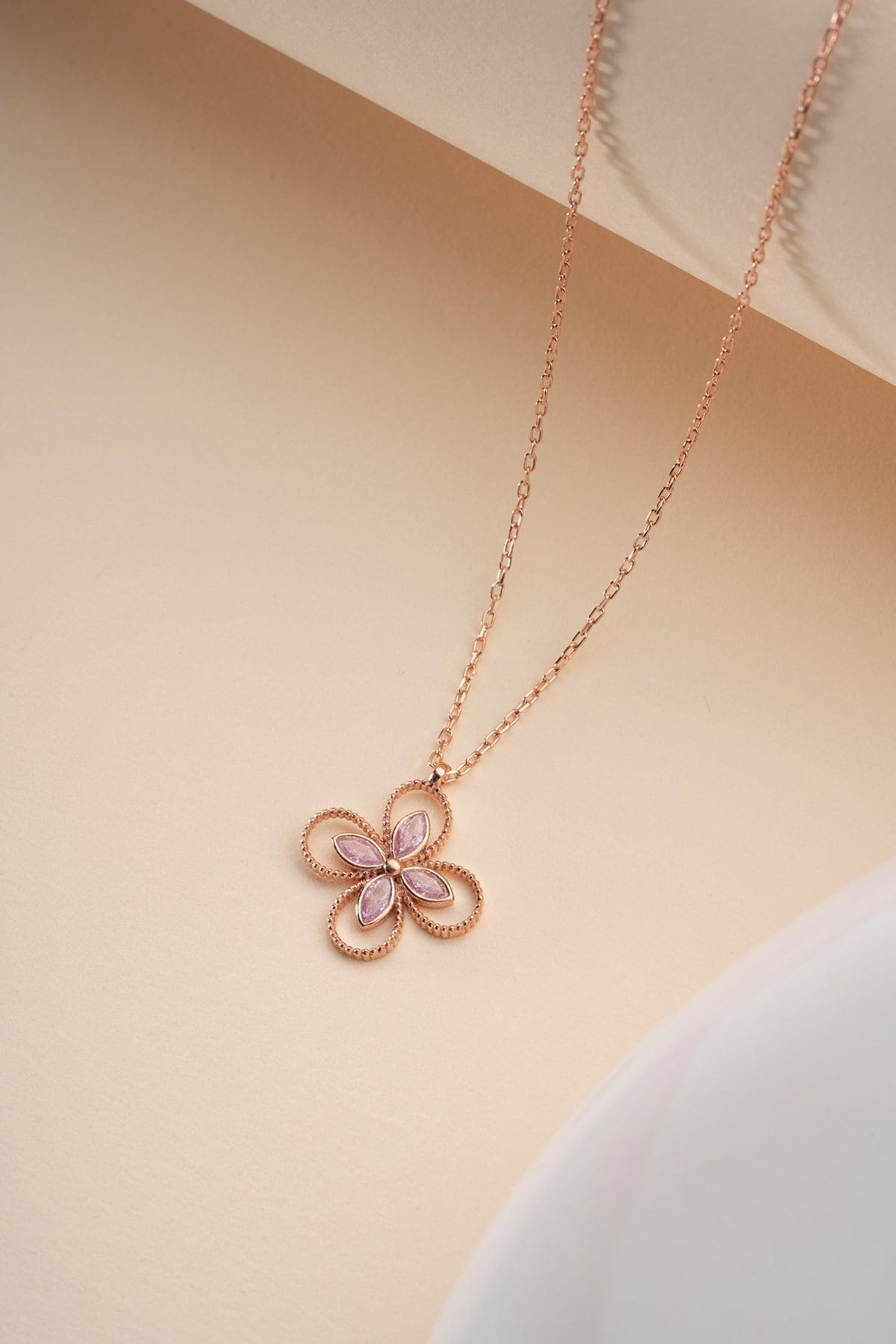 Rose Gold Plated 925 Sterling Silver | Pink Zircon Four Leaf Clover Necklace
