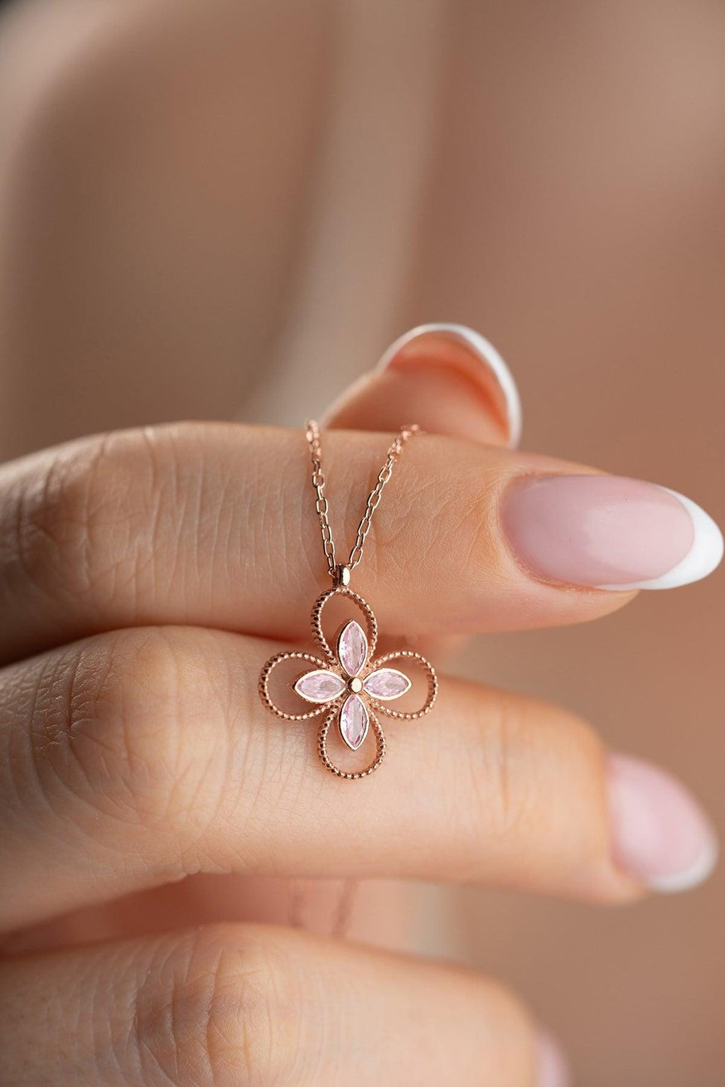 Rose Gold Plated 925 Sterling Silver | Pink Zircon Four Leaf Clover Necklace