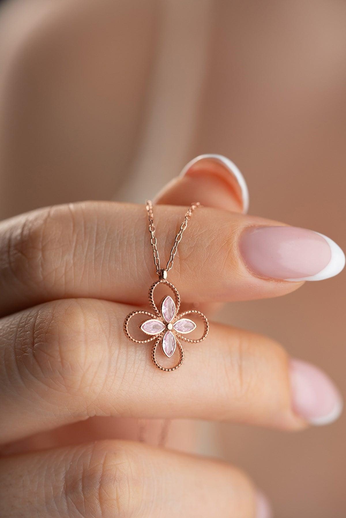 Rose Gold Plated 925 Sterling Silver | Pink Zircon Four Leaf Clover Necklace