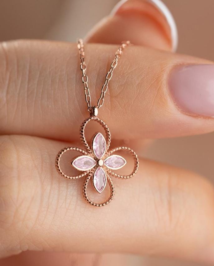 Rose Gold Plated 925 Sterling Silver | Pink Zircon Four Leaf Clover Necklace