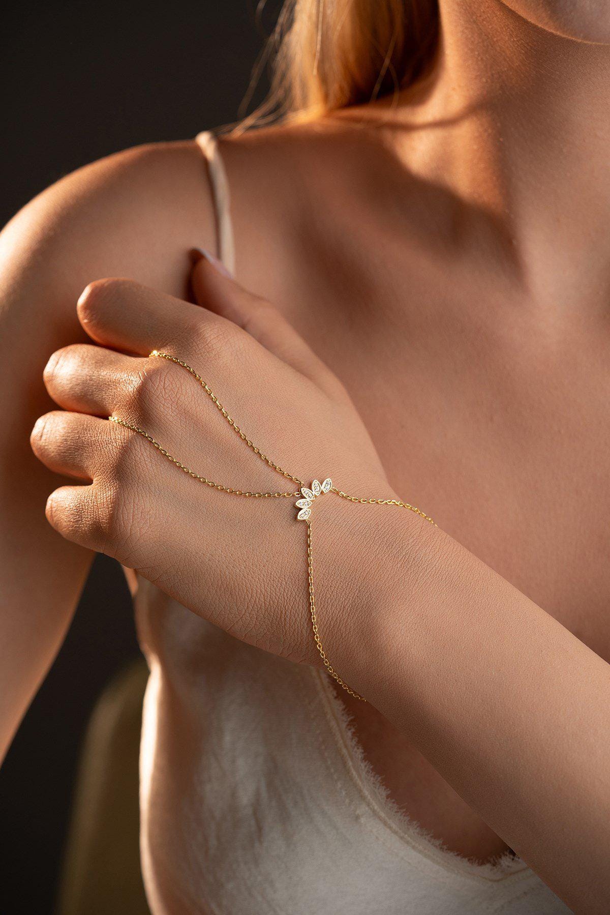 Marquise Zircon Hand Chain Bracelet, 925 Sterling Silver, Gold Plated Jewelry