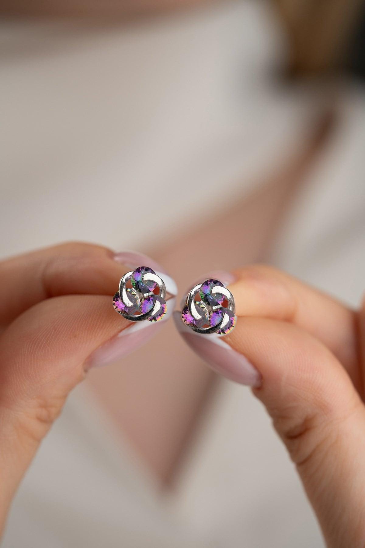 925 Sterling Silver | Mystic Topaz Stud Earrings | Rhodium Plated Tria Earrings