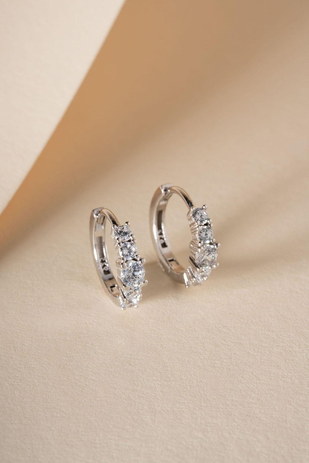 Sterling Silver 5 Stone Hoop Earrings, Rhodium Plated Zircon Huggie Earrings, Gift for Her