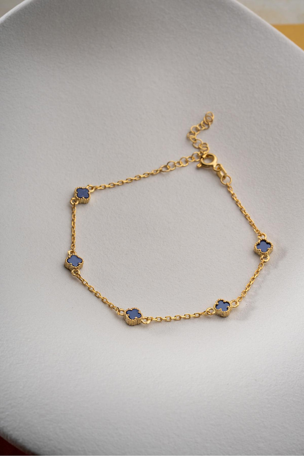 Blue Clover Bracelet, 925 Sterling Silver, Gold Plated Lucky Jewelry