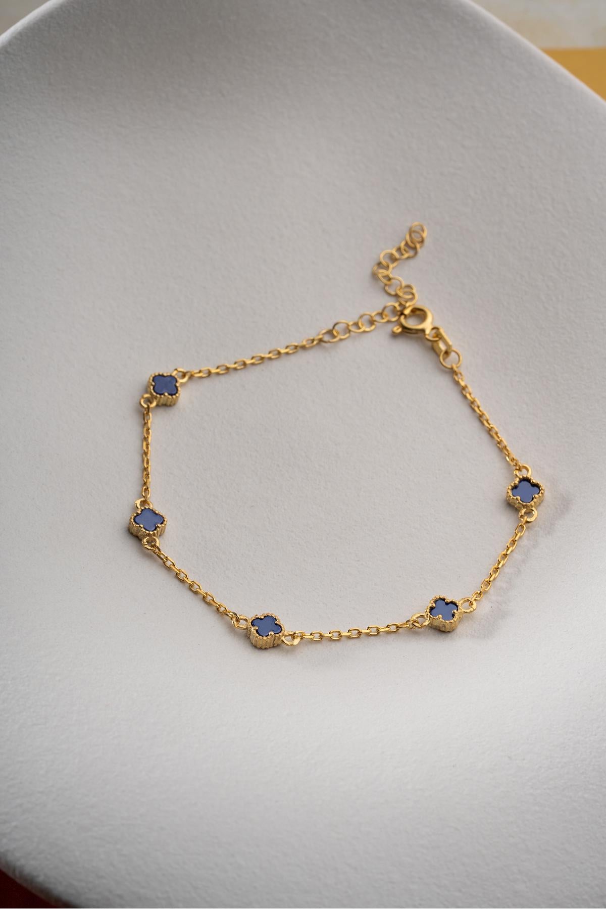 Blue Clover Bracelet, 925 Sterling Silver, Gold Plated Lucky Jewelry