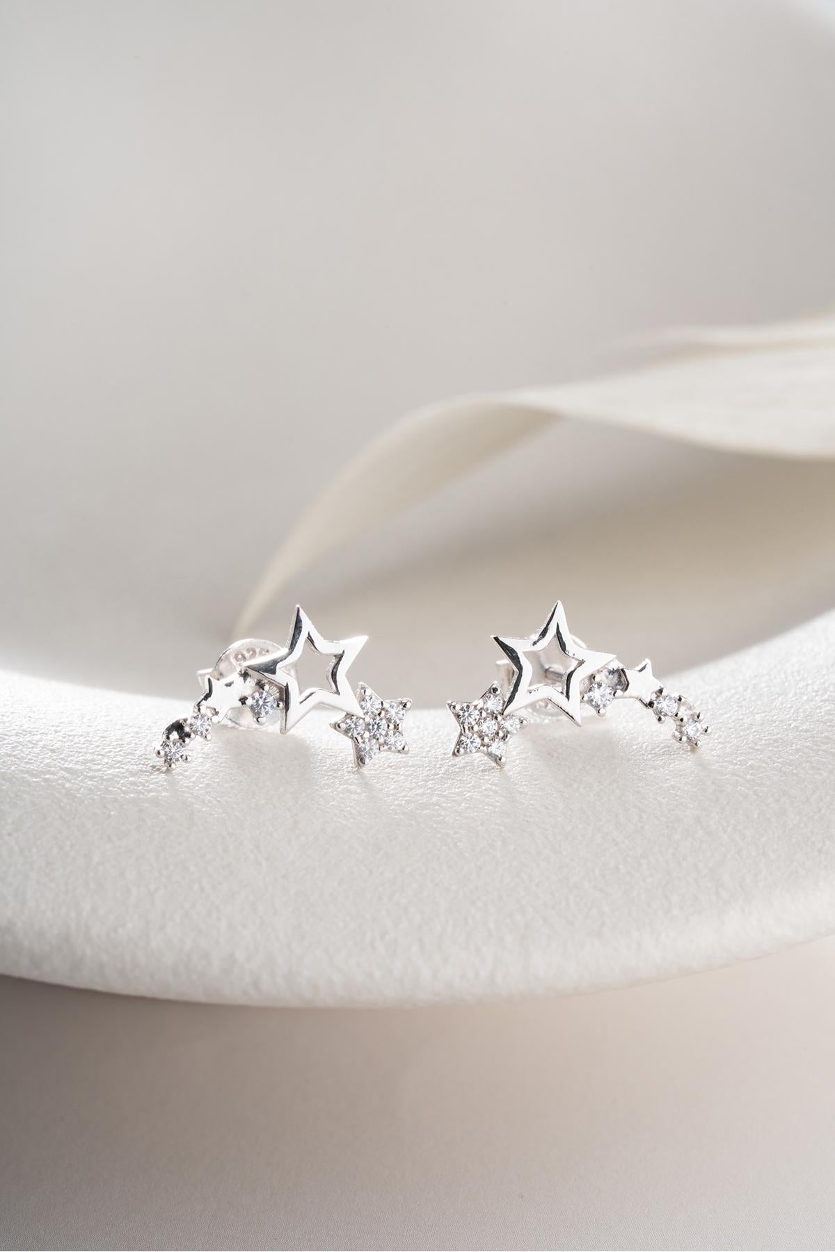 Shooting Star Earrings, 925 Sterling Silver, Zircon Star Climber Earrings