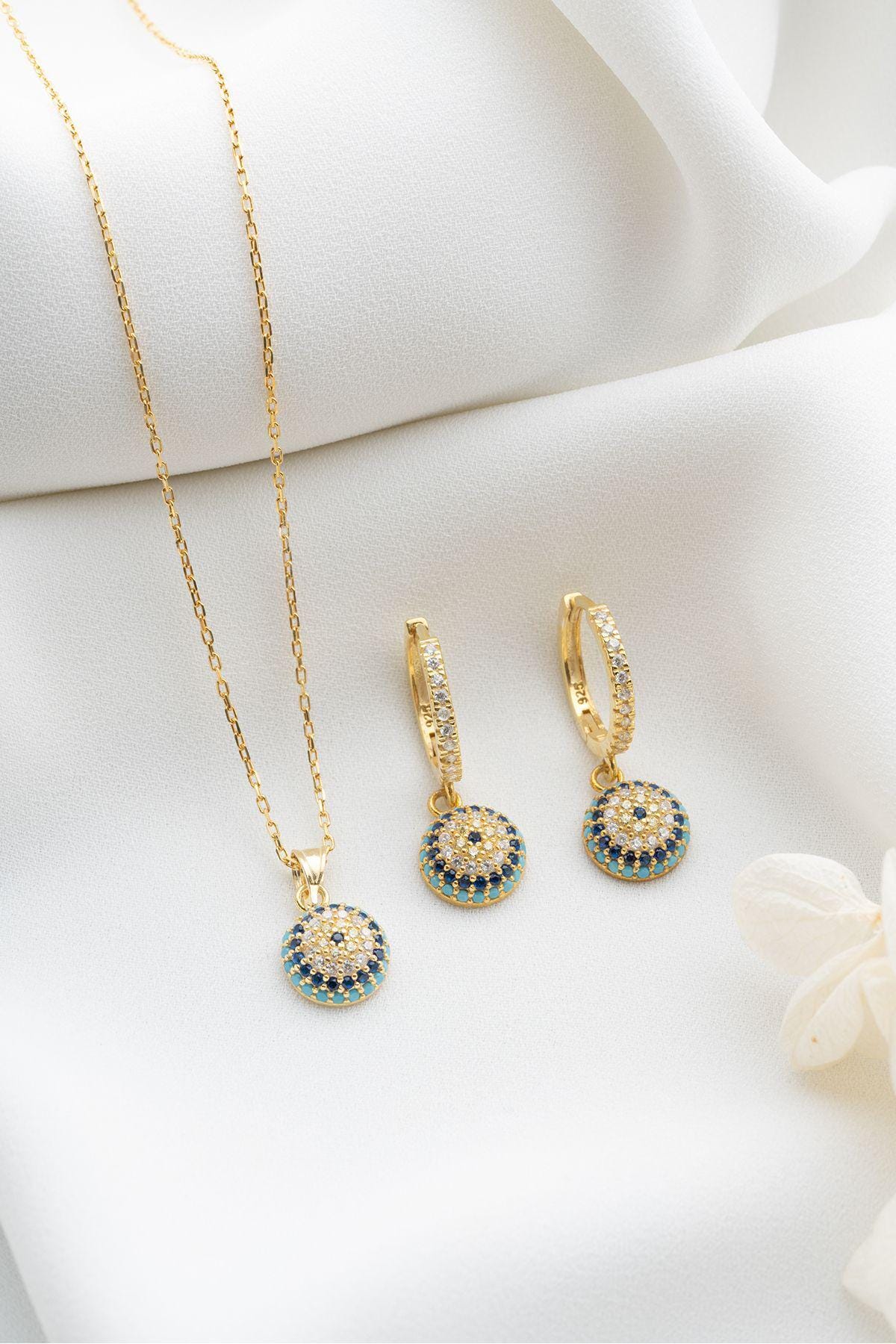 Evil Eye Jewelry Set, 925 Sterling Silver, Gold Plated Necklace Earrings
