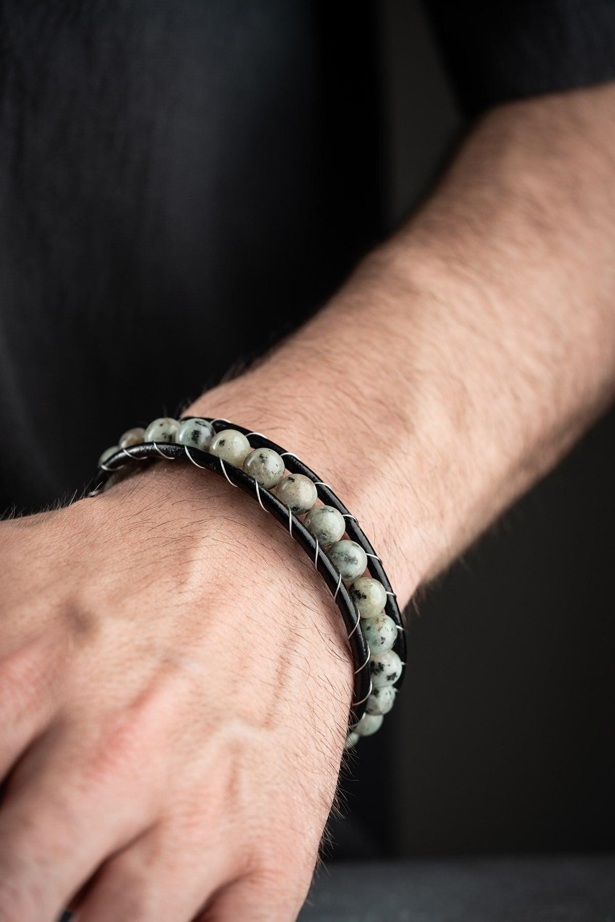 Black Leather Beaded Bracelet, Natural Stone Men Bracelet, Chrome Plated Jewelry