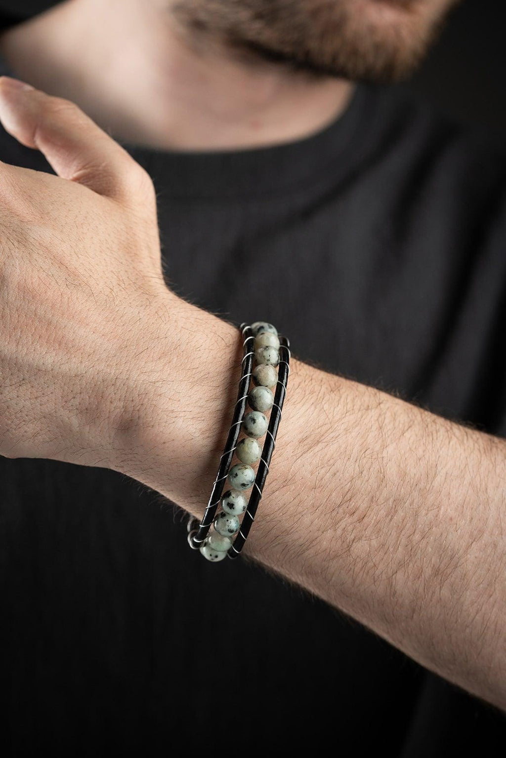Black Leather Beaded Bracelet, Natural Stone Men Bracelet, Chrome Plated Jewelry