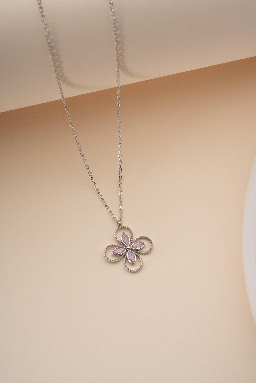 925 Sterling Silver, Pink Clover Necklace, Four Leaf Zircon Jewelry