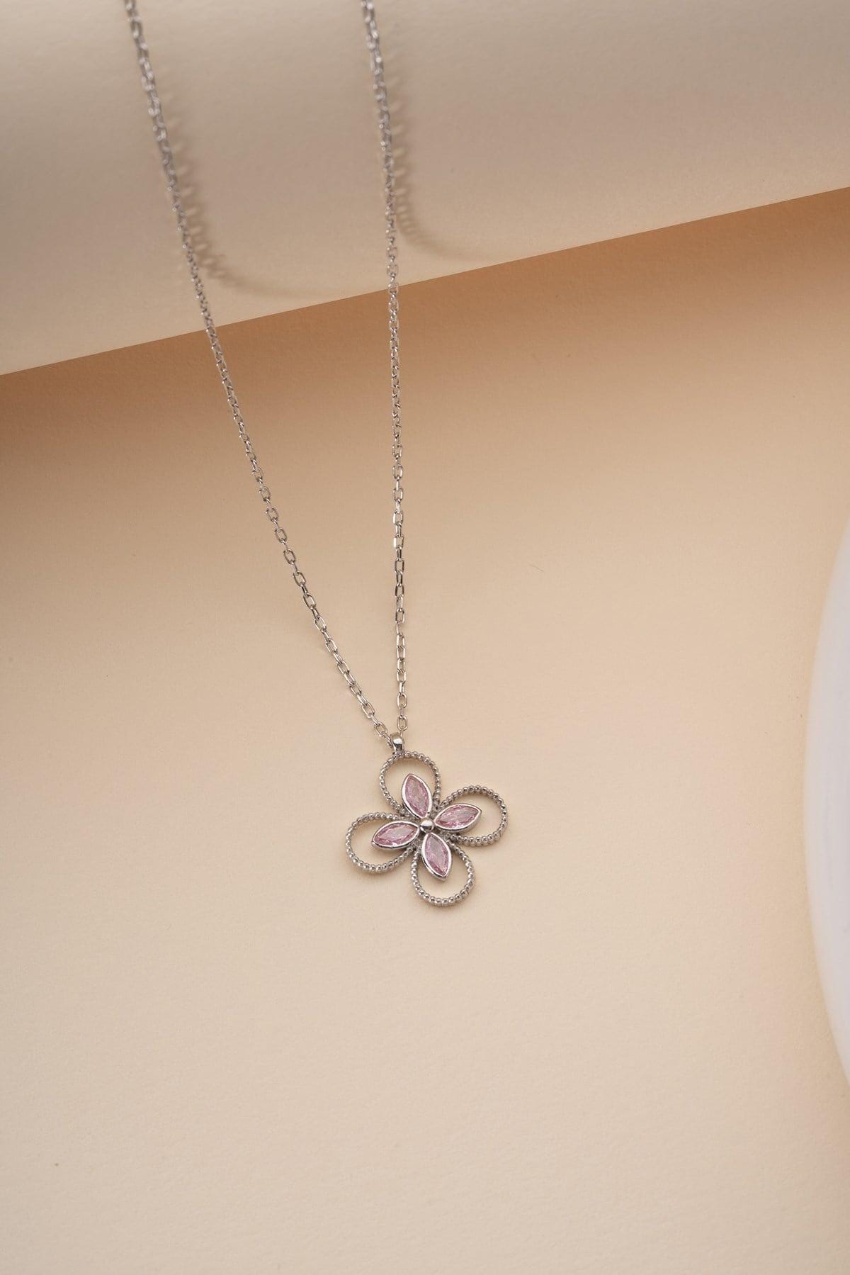 925 Sterling Silver, Pink Clover Necklace, Four Leaf Zircon Jewelry