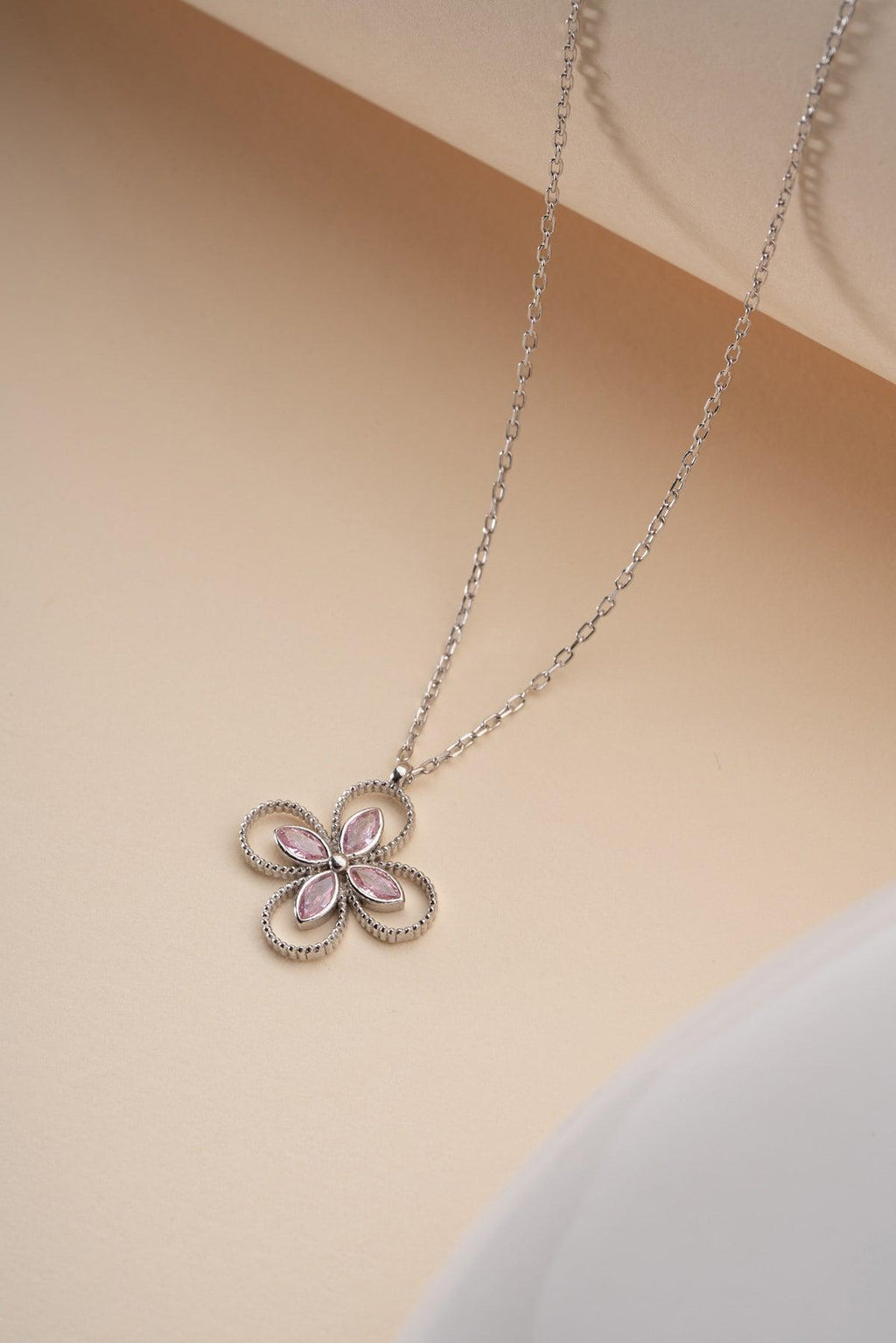925 Sterling Silver, Pink Clover Necklace, Four Leaf Zircon Jewelry