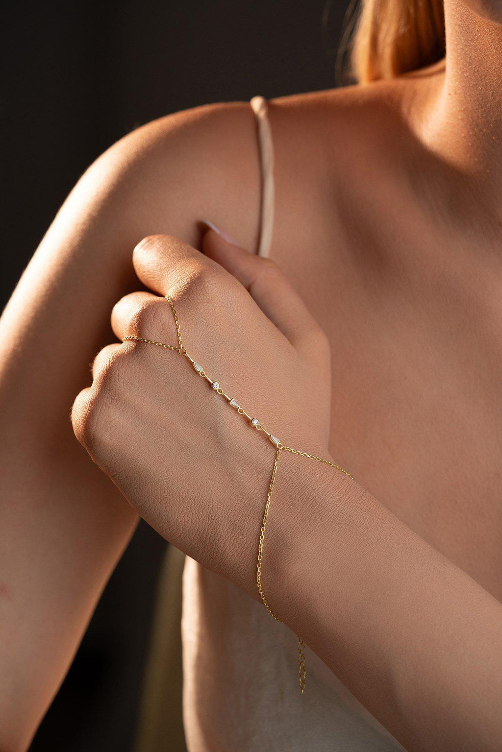 925 Sterling Silver, Baguette Hand Chain, Gold Plated Zircon Bracelet