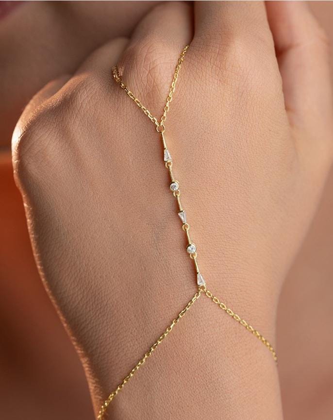 925 Sterling Silver, Baguette Hand Chain, Gold Plated Zircon Bracelet