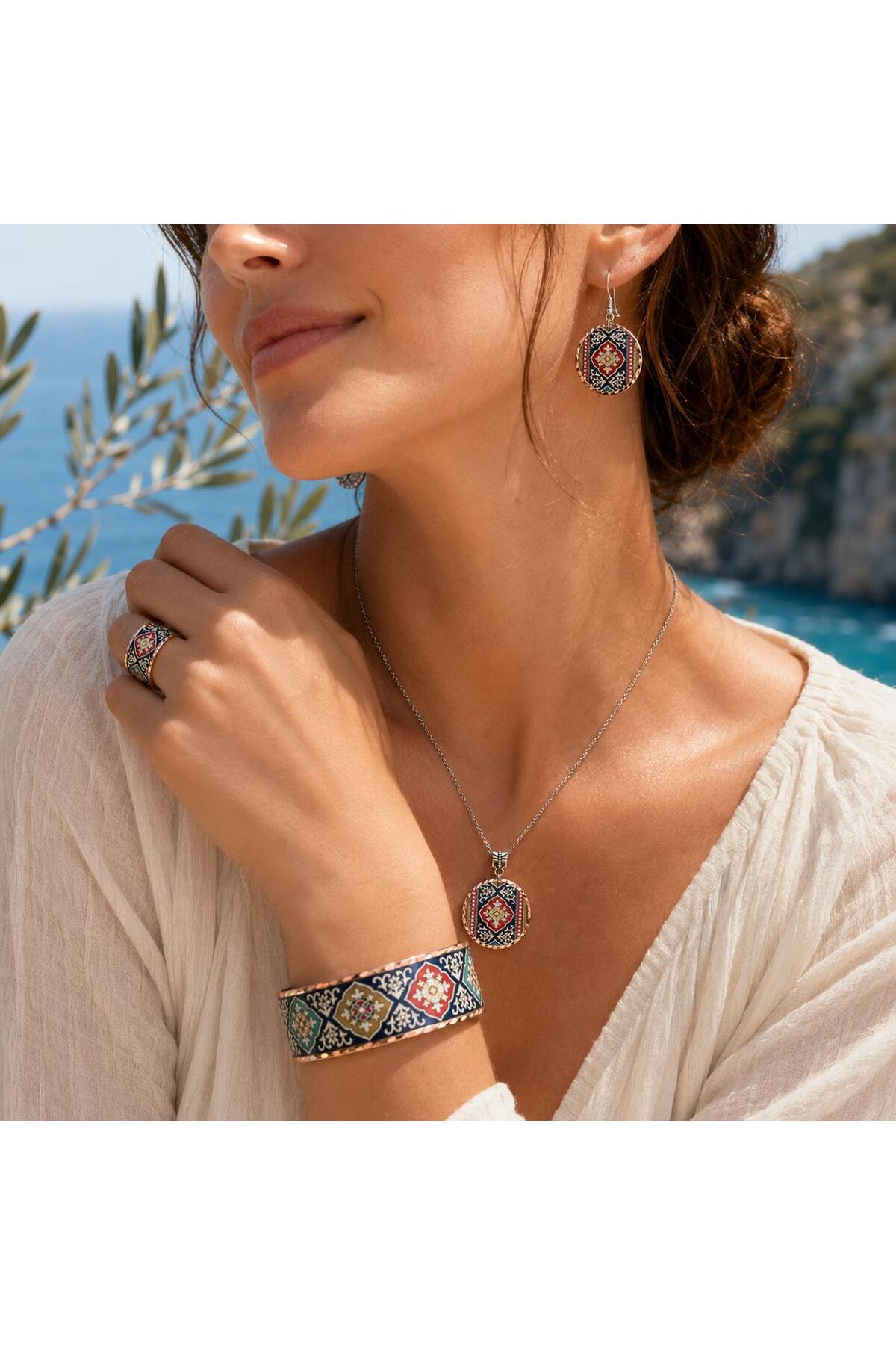 Heritage Copper Jewelry Set, Ethnic Boho Necklace Earrings Ring Bracelet