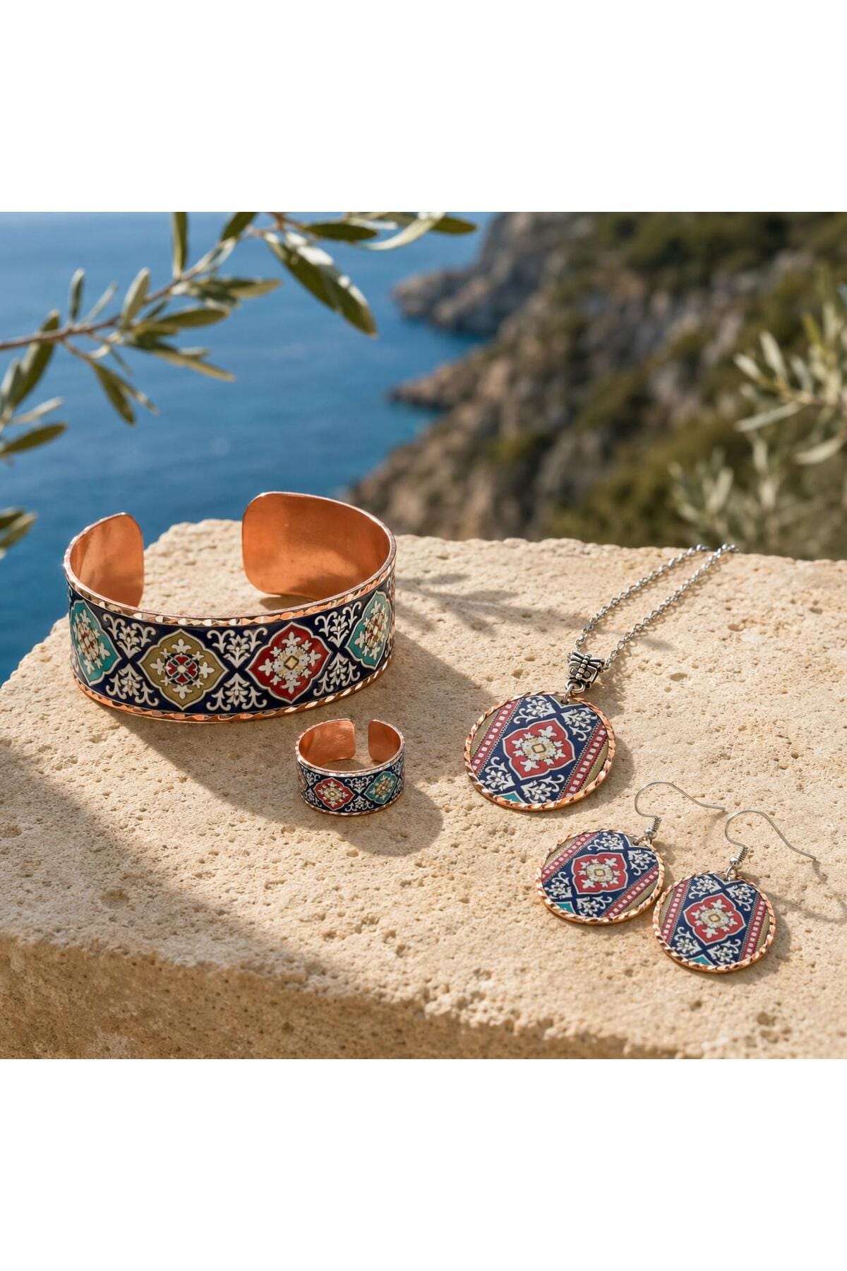 Heritage Copper Jewelry Set, Ethnic Boho Necklace Earrings Ring Bracelet