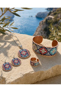 Heritage Copper Jewelry Set, Ethnic Boho Necklace Earrings Ring Bracelet