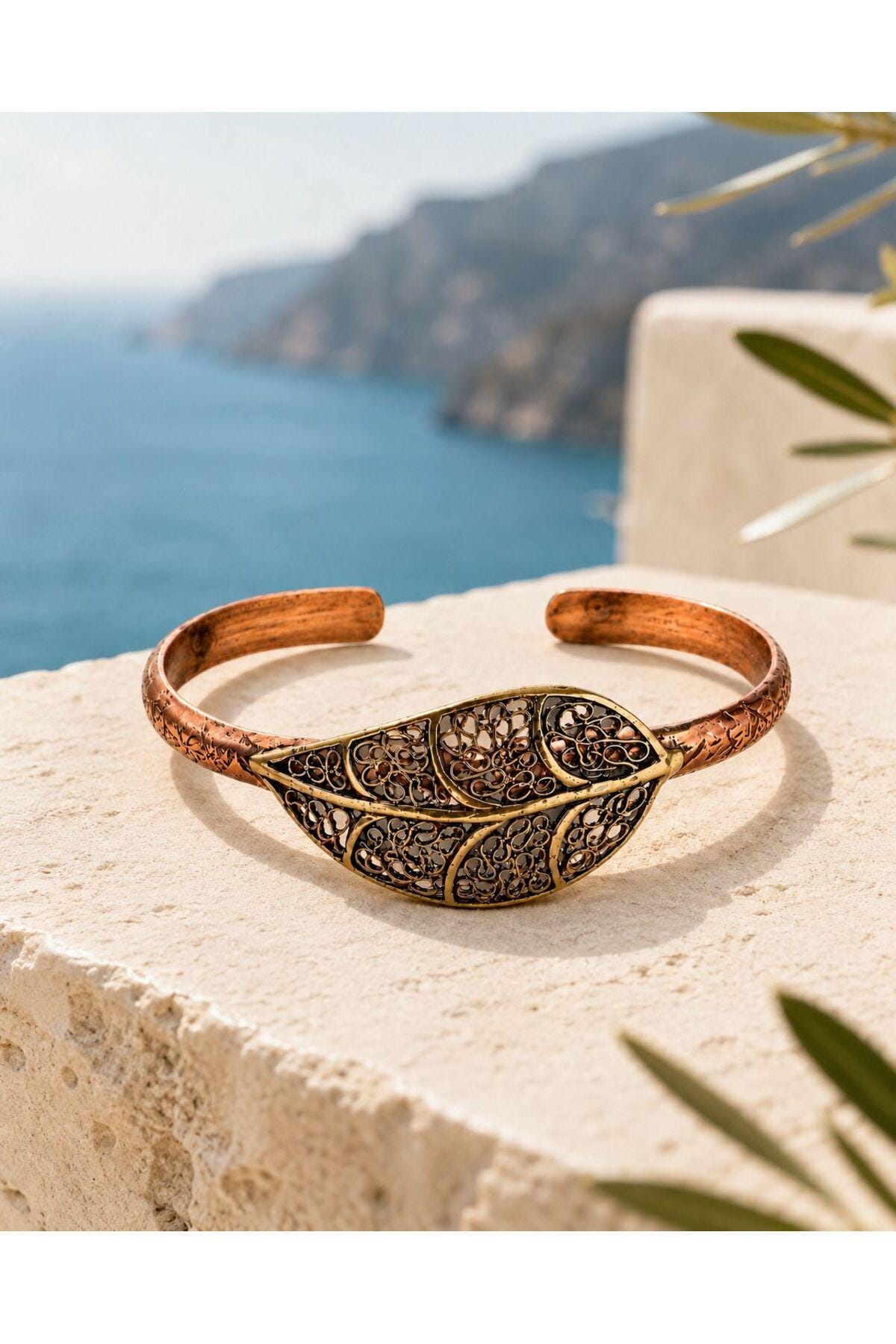 Filigree Leaf Copper Cuff Bracelet, Boho Adjustable Unisex Statement Jewelry