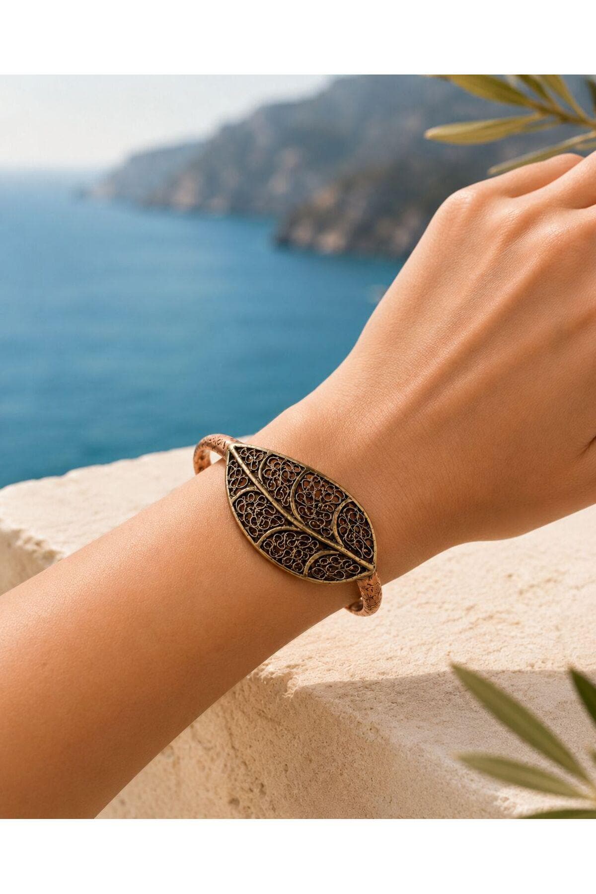 Filigree Leaf Copper Cuff Bracelet, Boho Adjustable Unisex Statement Jewelry