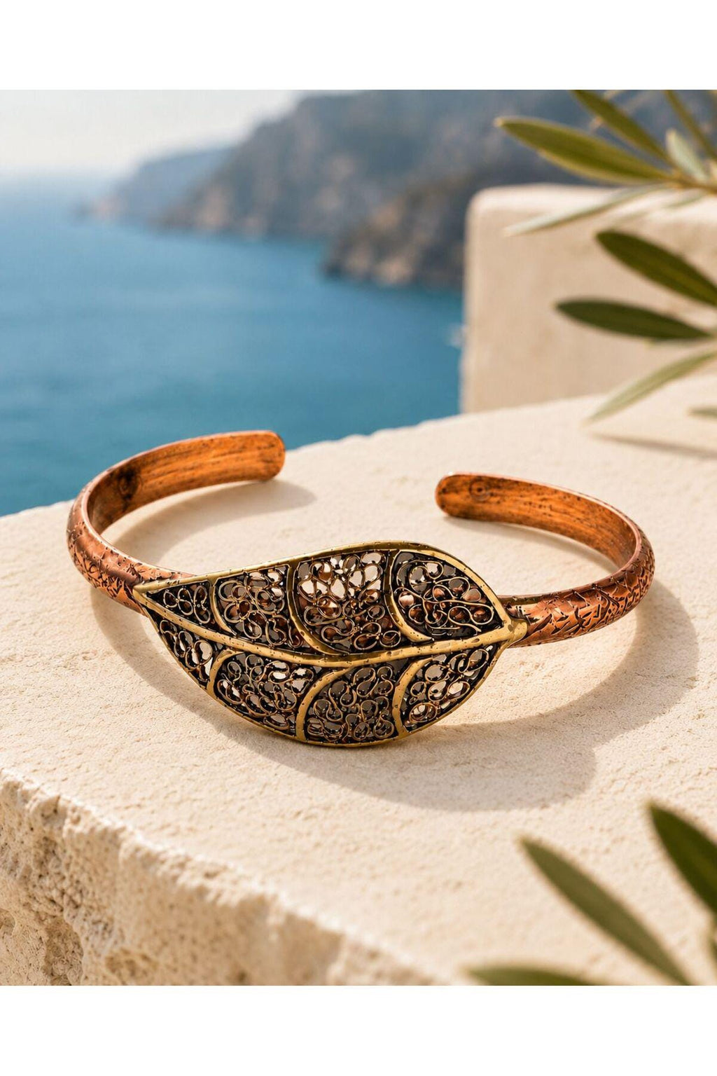 Filigree Leaf Copper Cuff Bracelet, Boho Adjustable Unisex Statement Jewelry