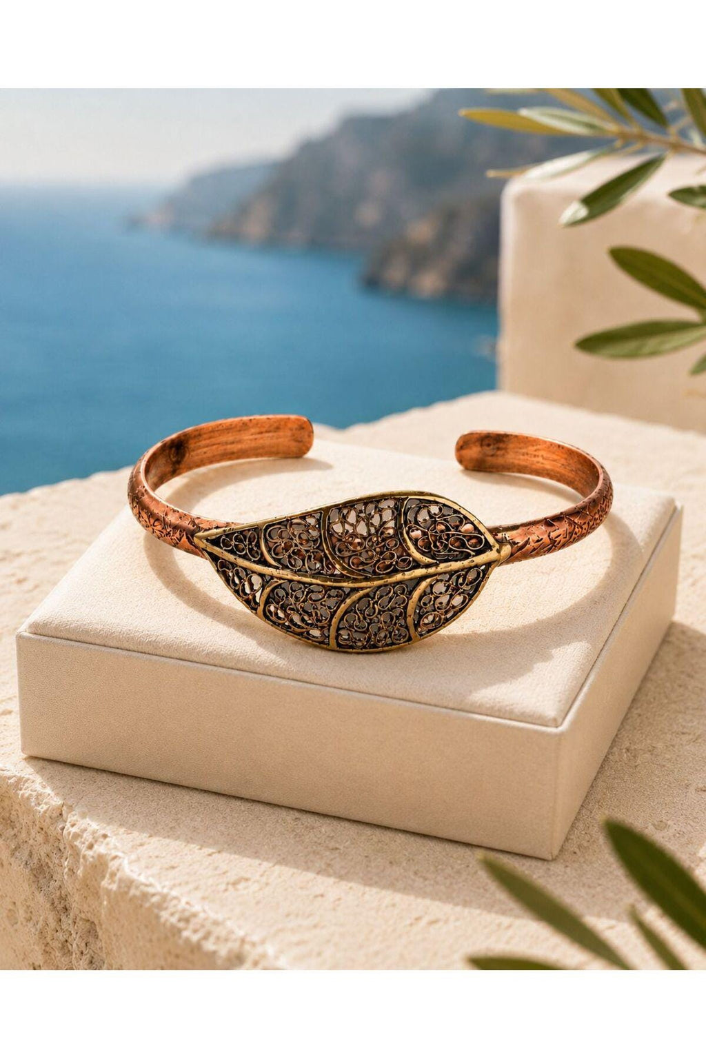 Filigree Leaf Copper Cuff Bracelet, Boho Adjustable Unisex Statement Jewelry