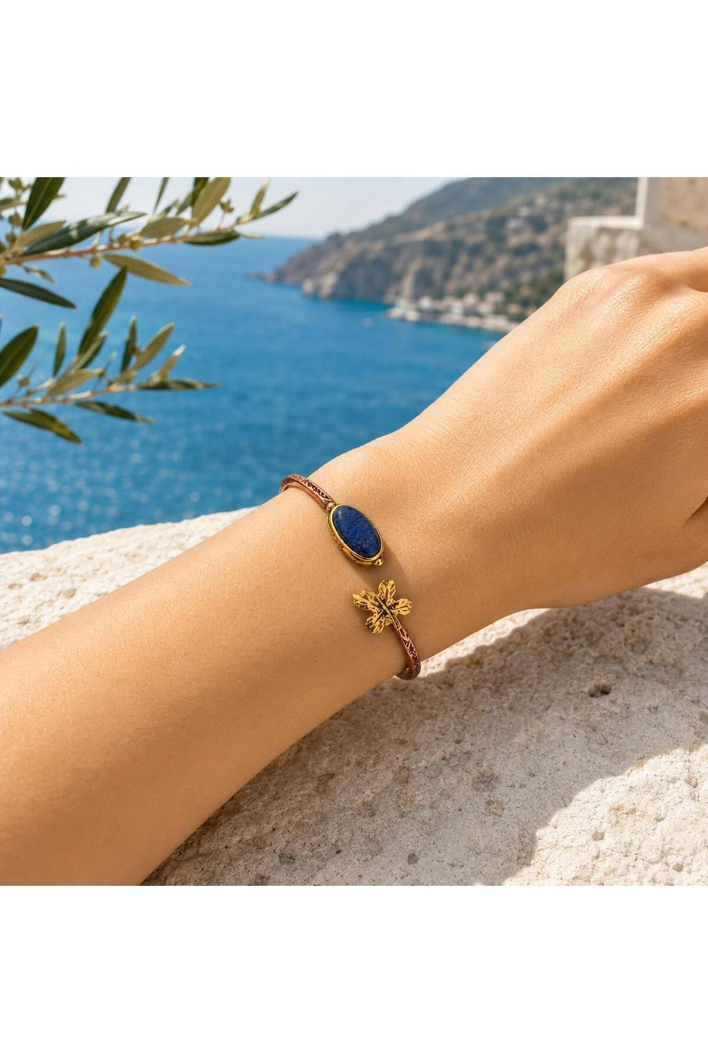 Lapis Lazuli Copper Cuff Bracelet, Adjustable Leaf Boho Gemstone Jewelry