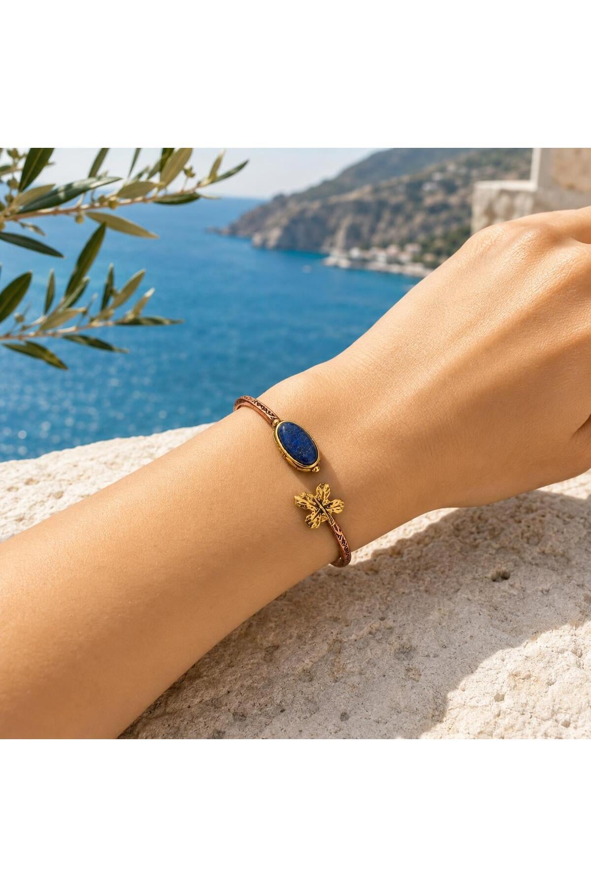 Lapis Lazuli Copper Cuff Bracelet, Adjustable Leaf Boho Gemstone Jewelry