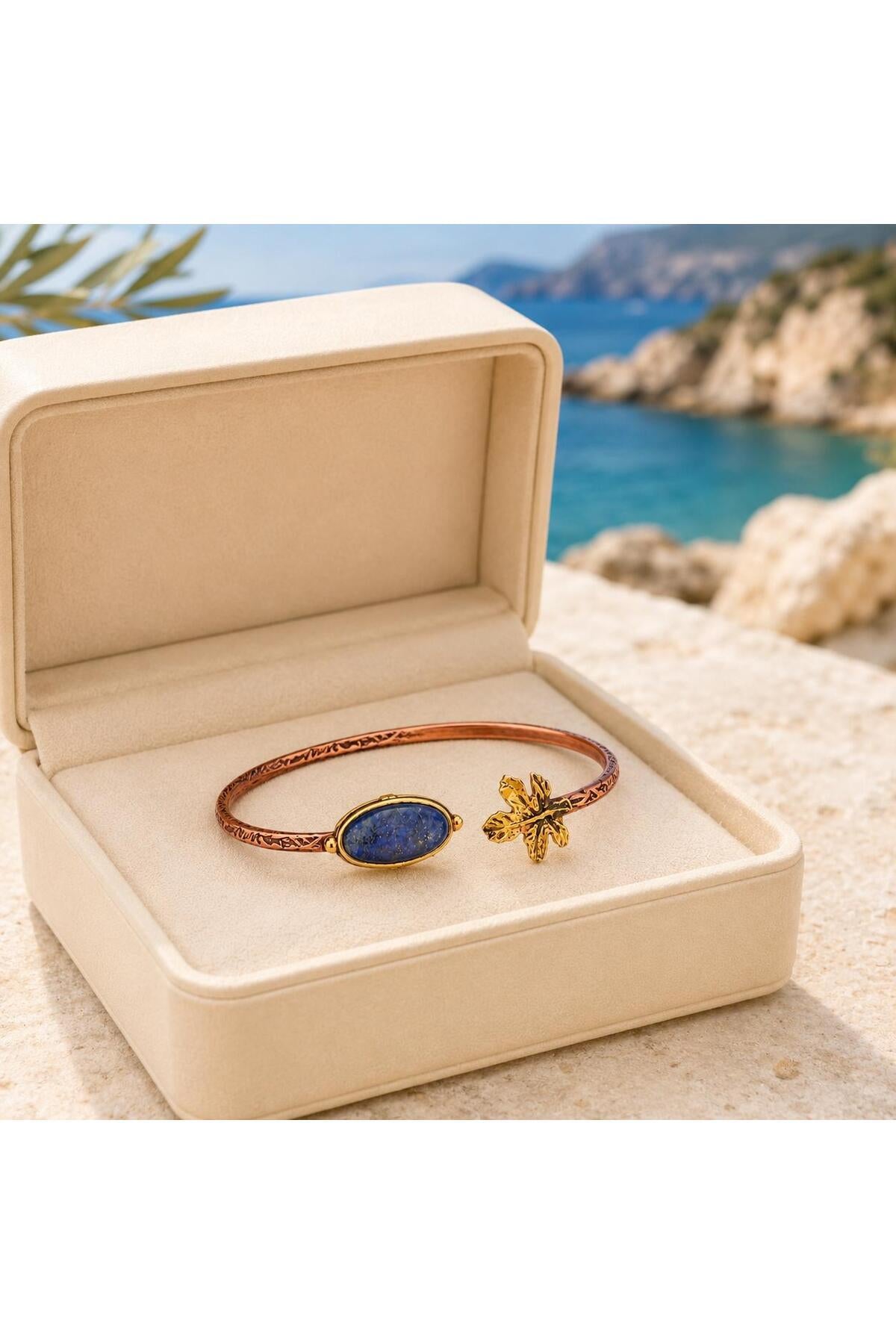 Lapis Lazuli Copper Cuff Bracelet, Adjustable Leaf Boho Gemstone Jewelry