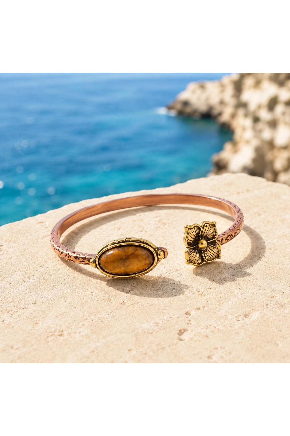 Tiger Eye Copper Cuff Bracelet, Adjustable Flower Gemstone Boho Jewelry