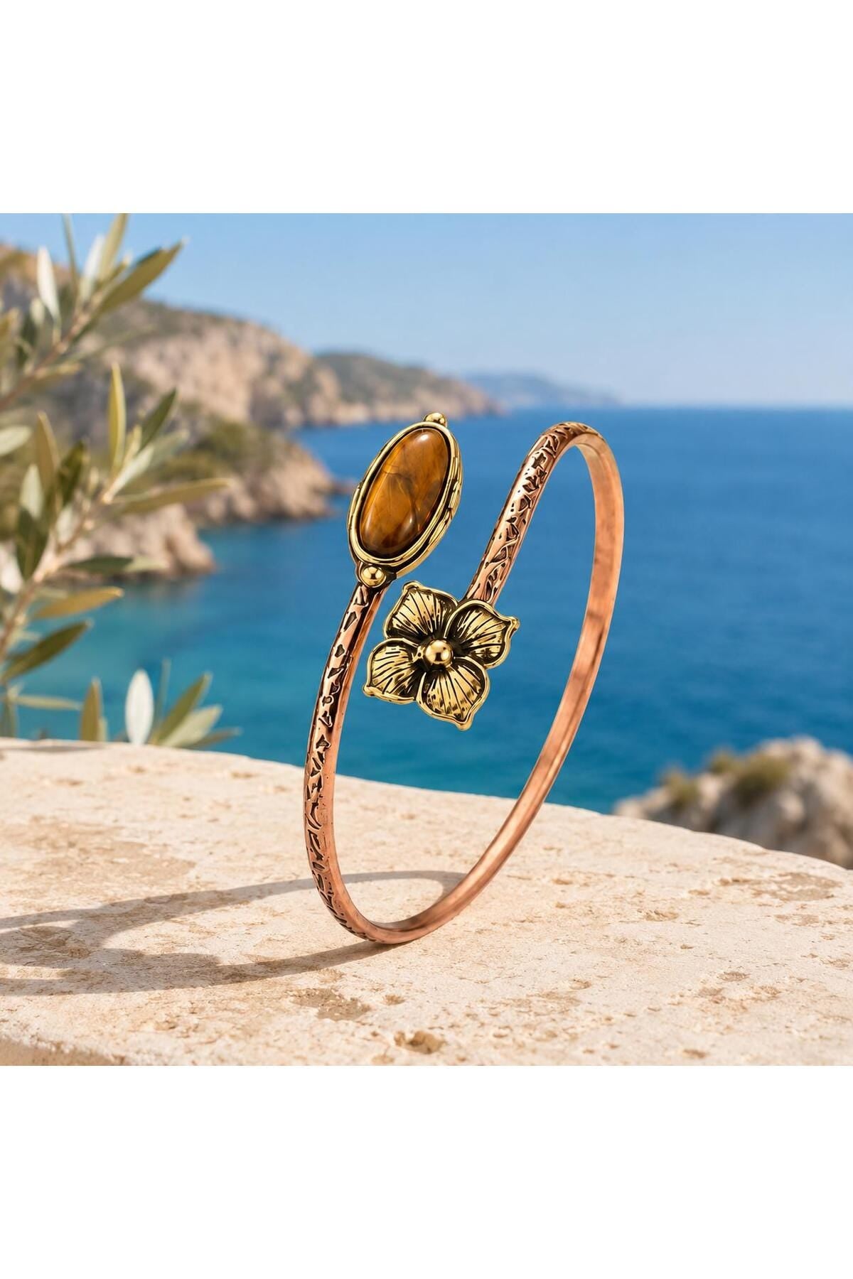 Tiger Eye Copper Cuff Bracelet, Adjustable Flower Gemstone Boho Jewelry
