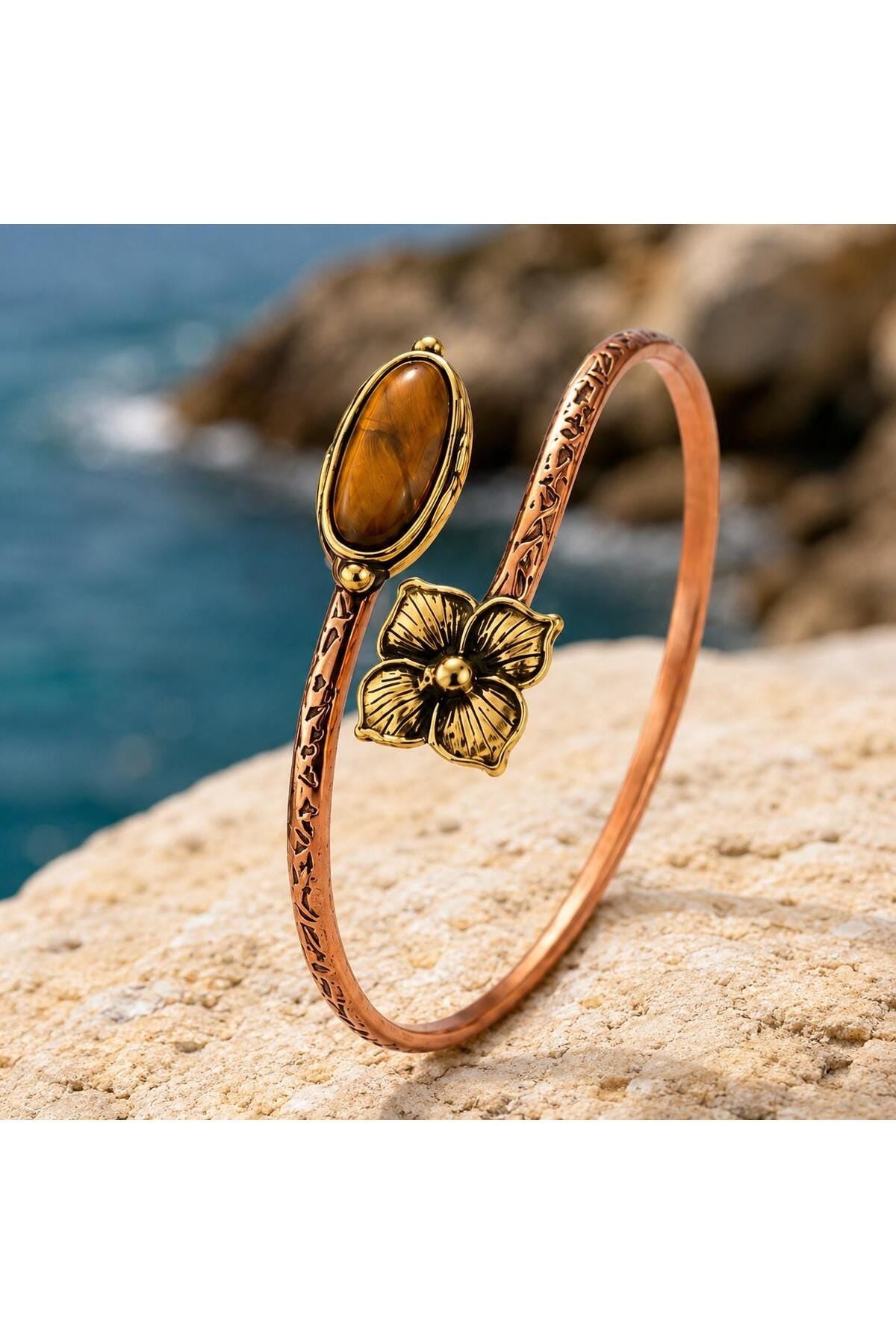 Tiger Eye Copper Cuff Bracelet, Adjustable Flower Gemstone Boho Jewelry