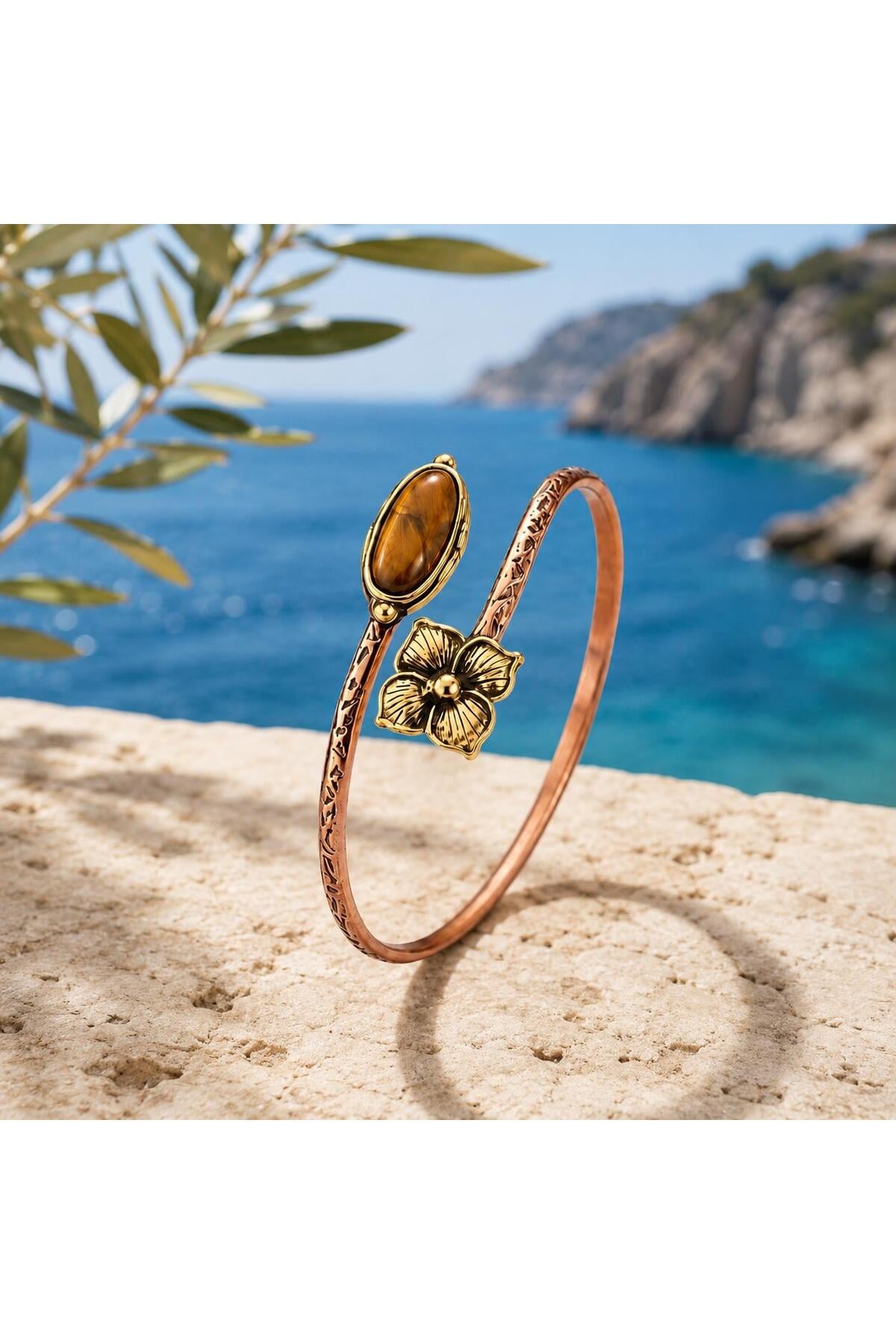 Tiger Eye Copper Cuff Bracelet, Adjustable Flower Gemstone Boho Jewelry