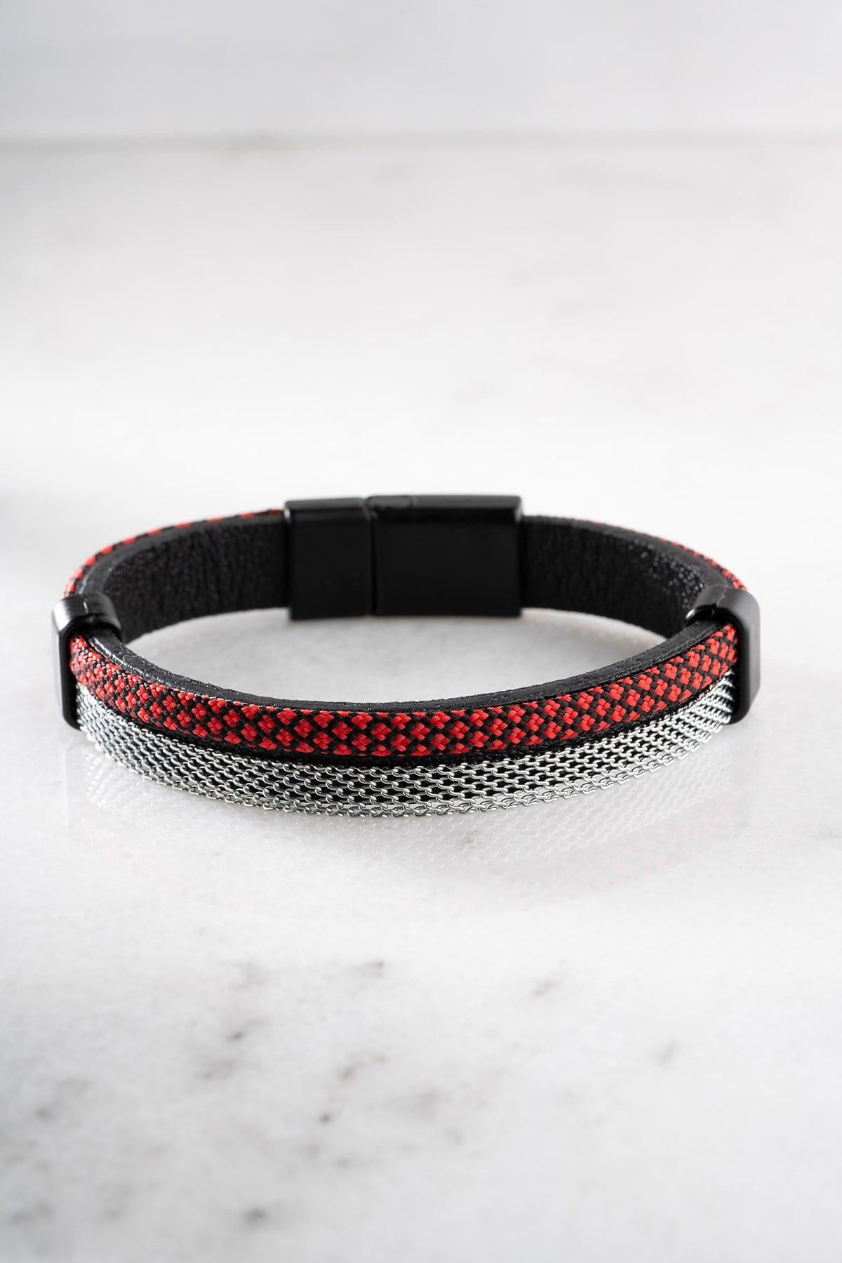 Red Black Steel Bracelet, Braided Cord Mens Bracelet, Magnetic Clasp Jewelry