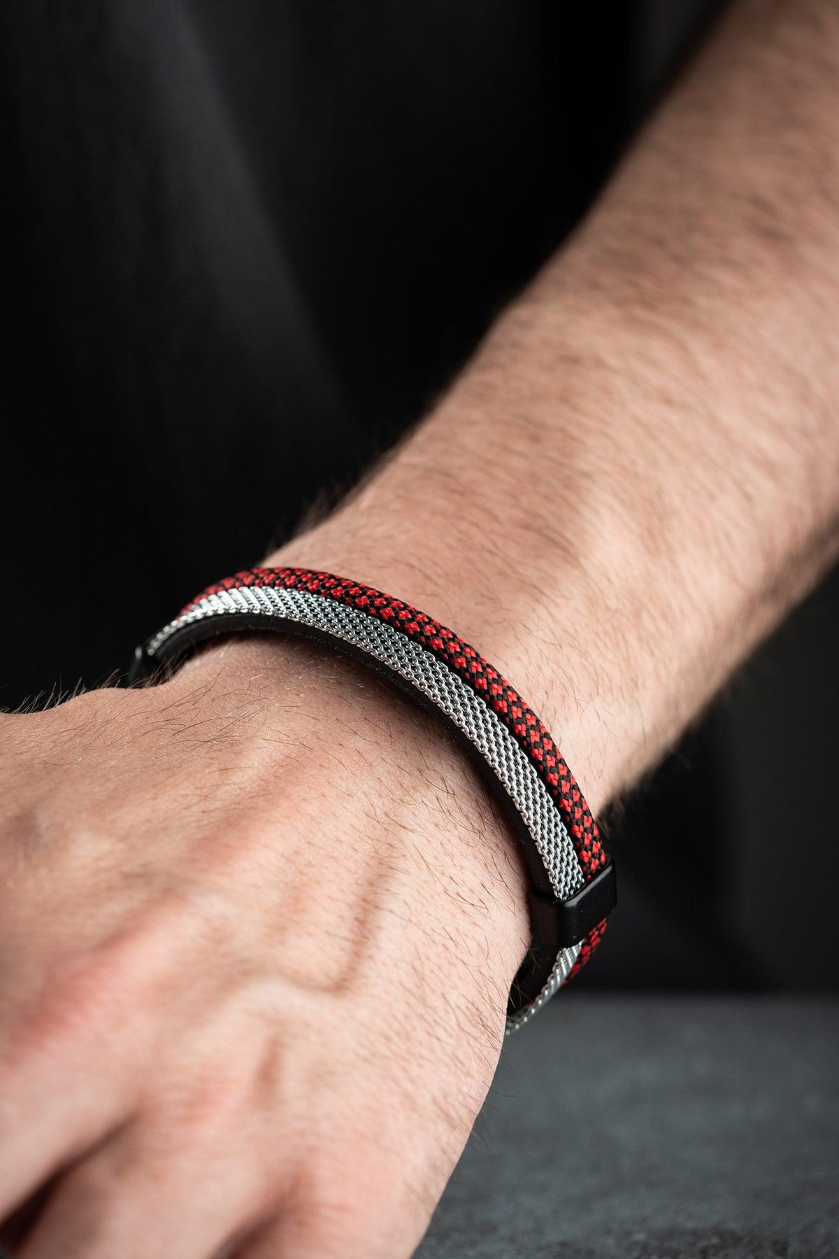 Red Black Steel Bracelet, Braided Cord Mens Bracelet, Magnetic Clasp Jewelry