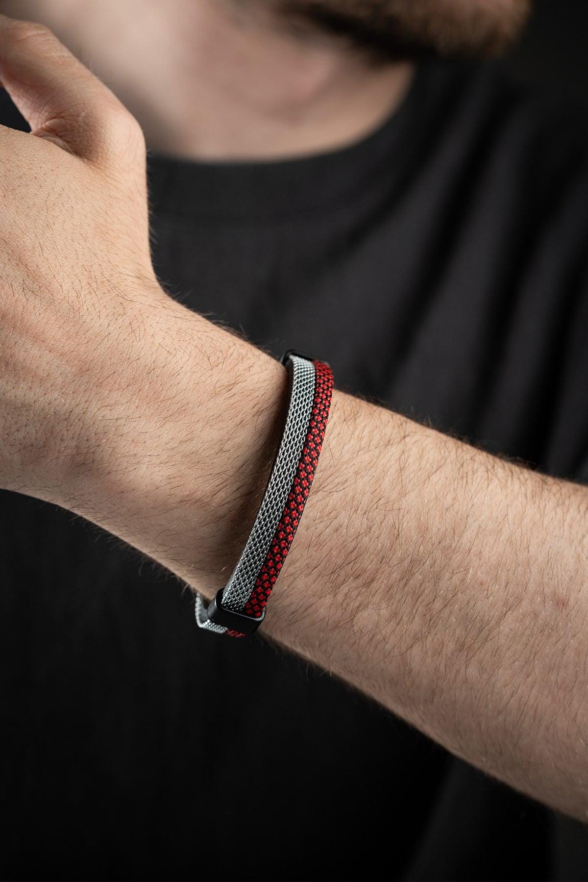 Red Black Steel Bracelet, Braided Cord Mens Bracelet, Magnetic Clasp Jewelry