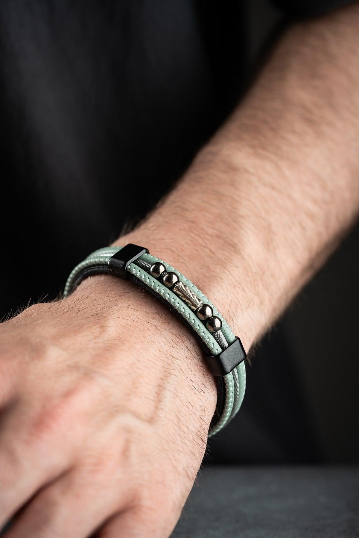 Mint Green Leather Bracelet, Double Wrap Steel Bracelet for Men
