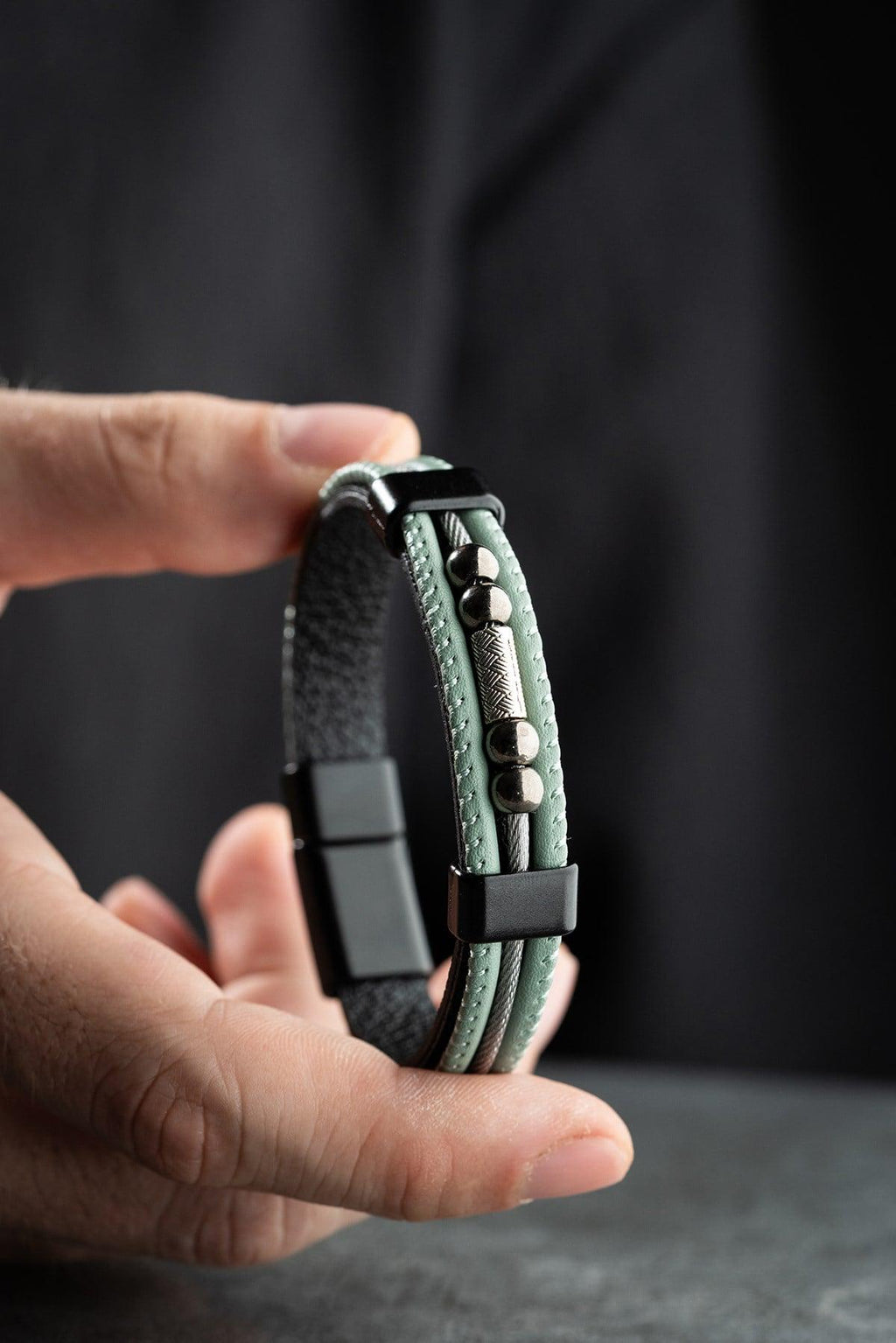 Mint Green Leather Bracelet, Double Wrap Steel Bracelet for Men