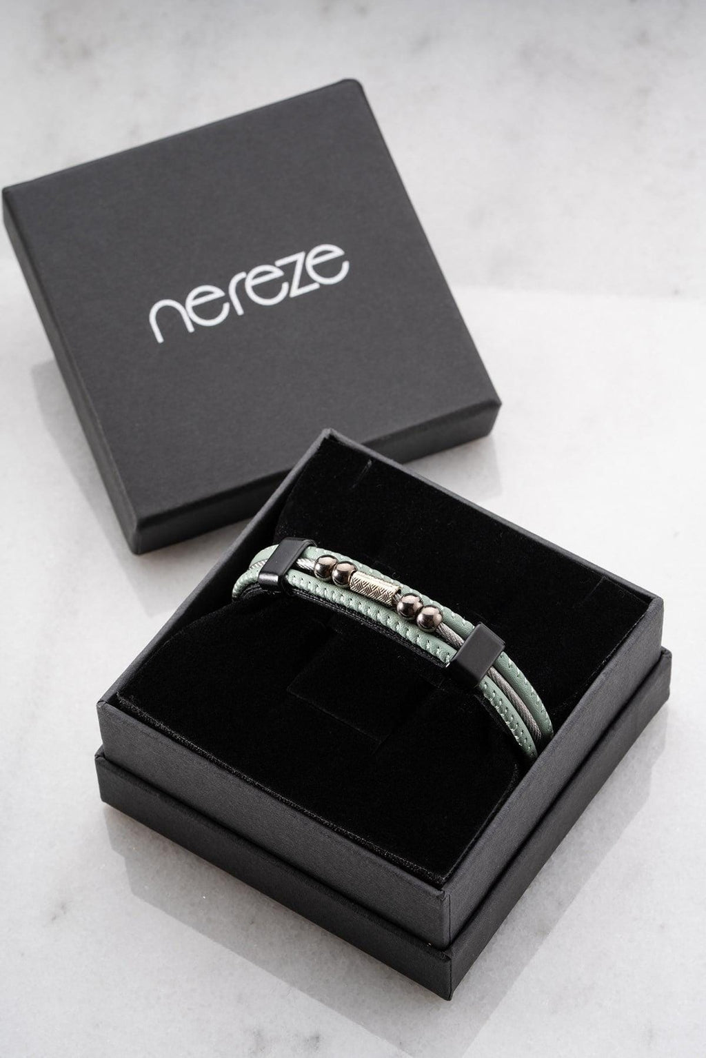 Mint Green Leather Bracelet, Double Wrap Steel Bracelet for Men