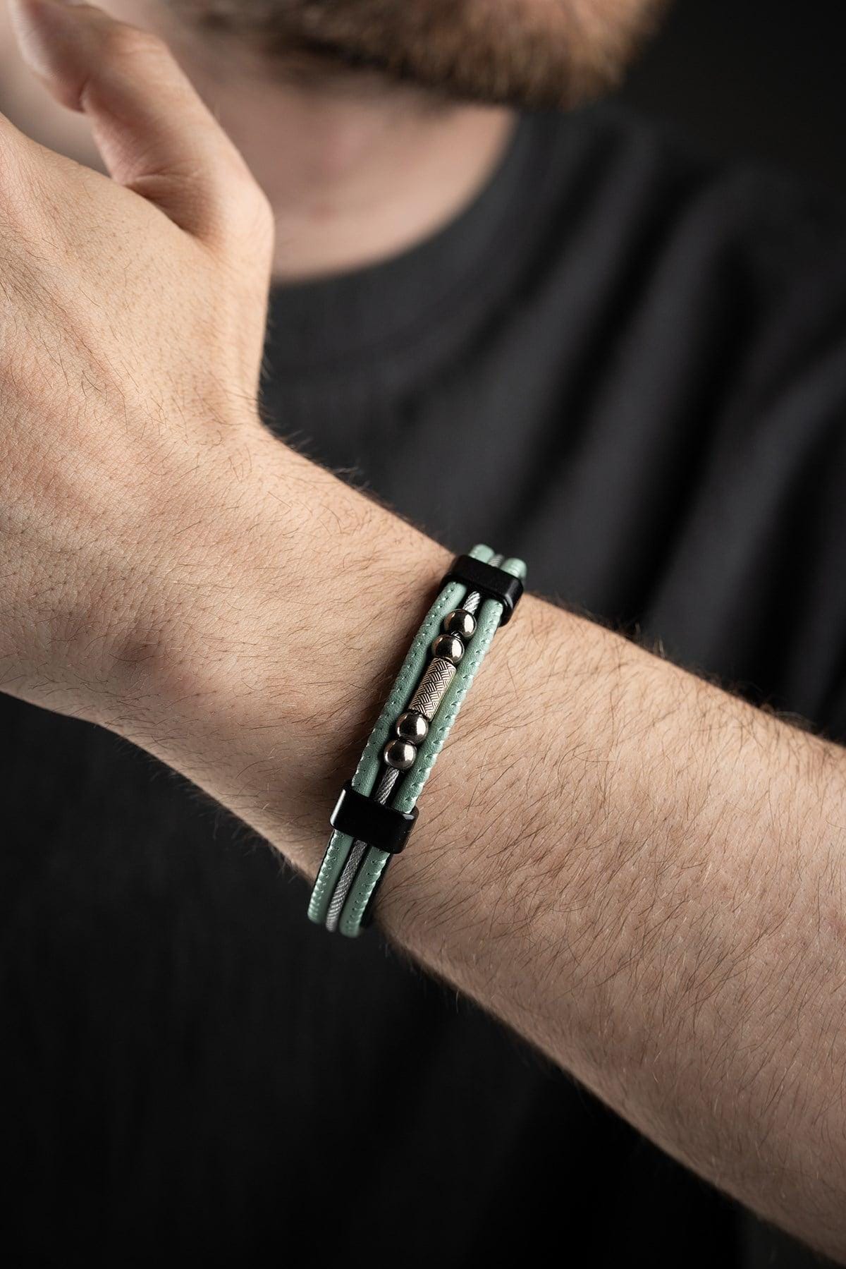 Mint Green Leather Bracelet, Double Wrap Steel Bracelet for Men