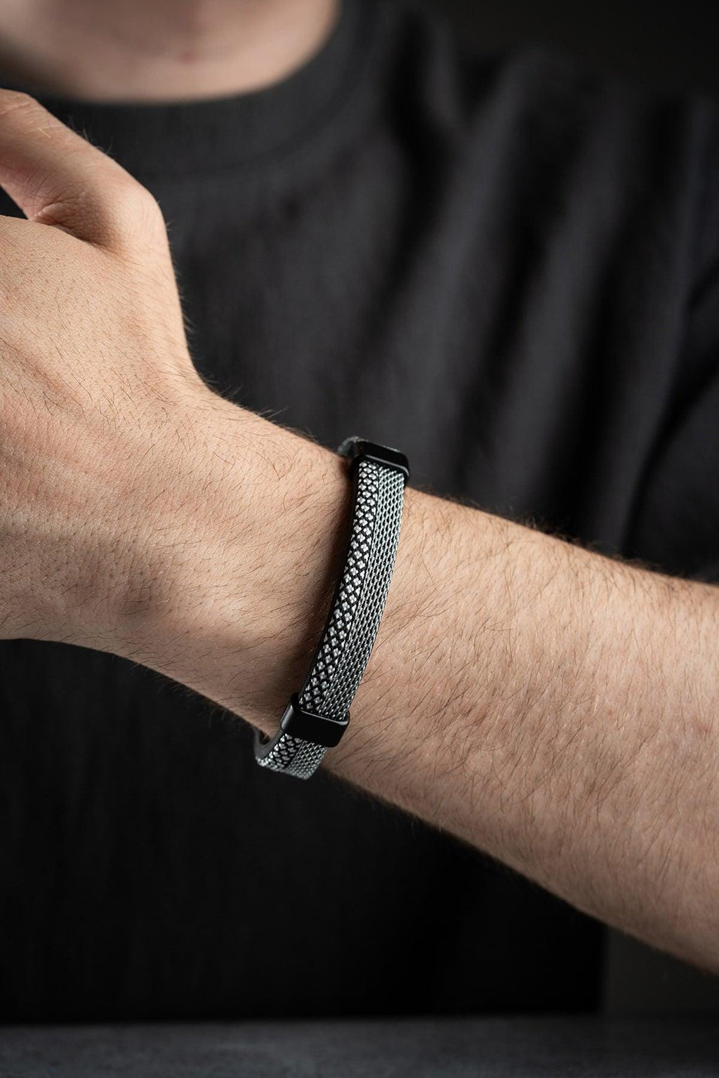 Black White Leather Bracelet, Braided Steel Bracelet for Men, Magnetic Clasp