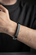 Black White Leather Bracelet, Braided Steel Bracelet for Men, Magnetic Clasp