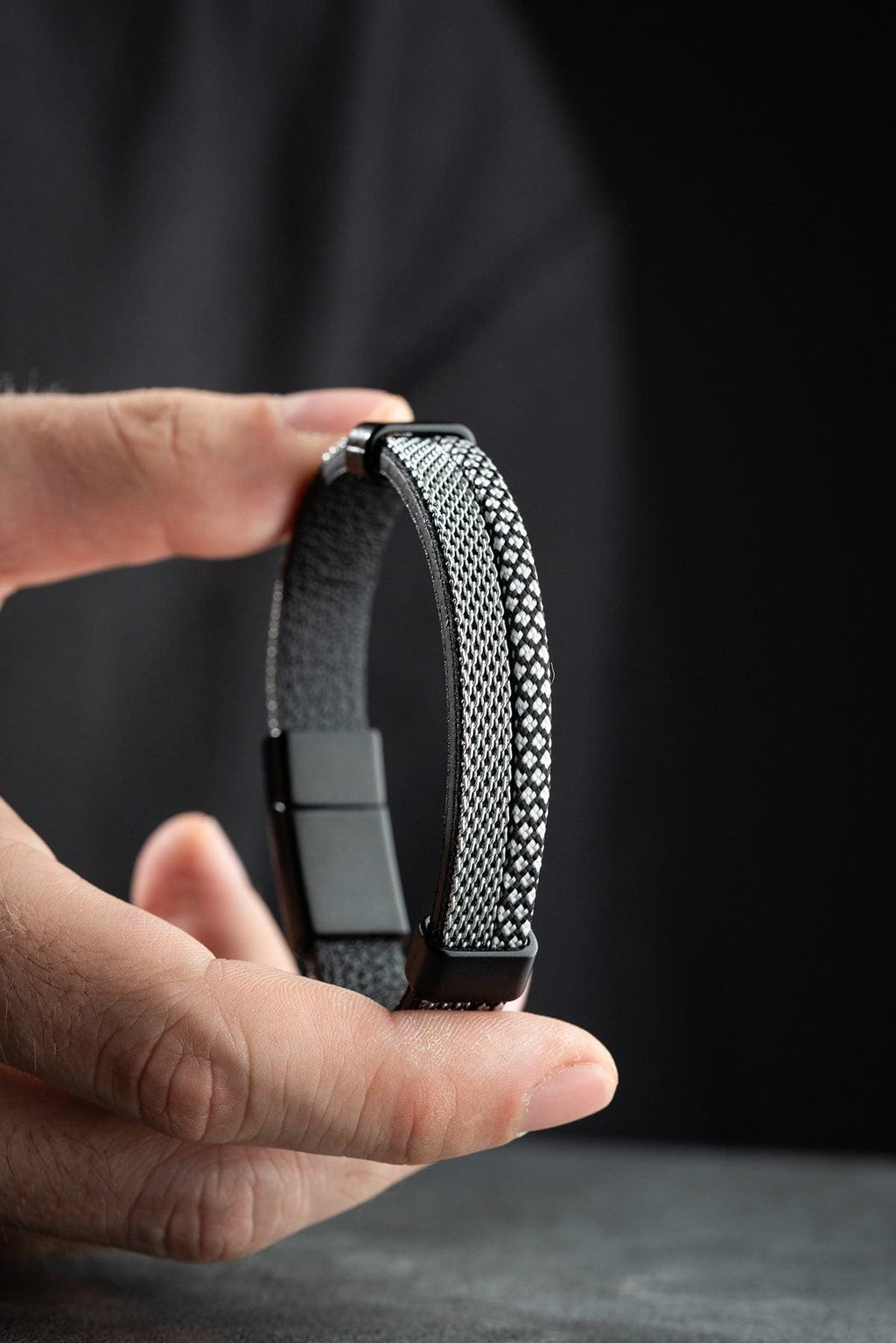 Black White Leather Bracelet, Braided Steel Bracelet for Men, Magnetic Clasp