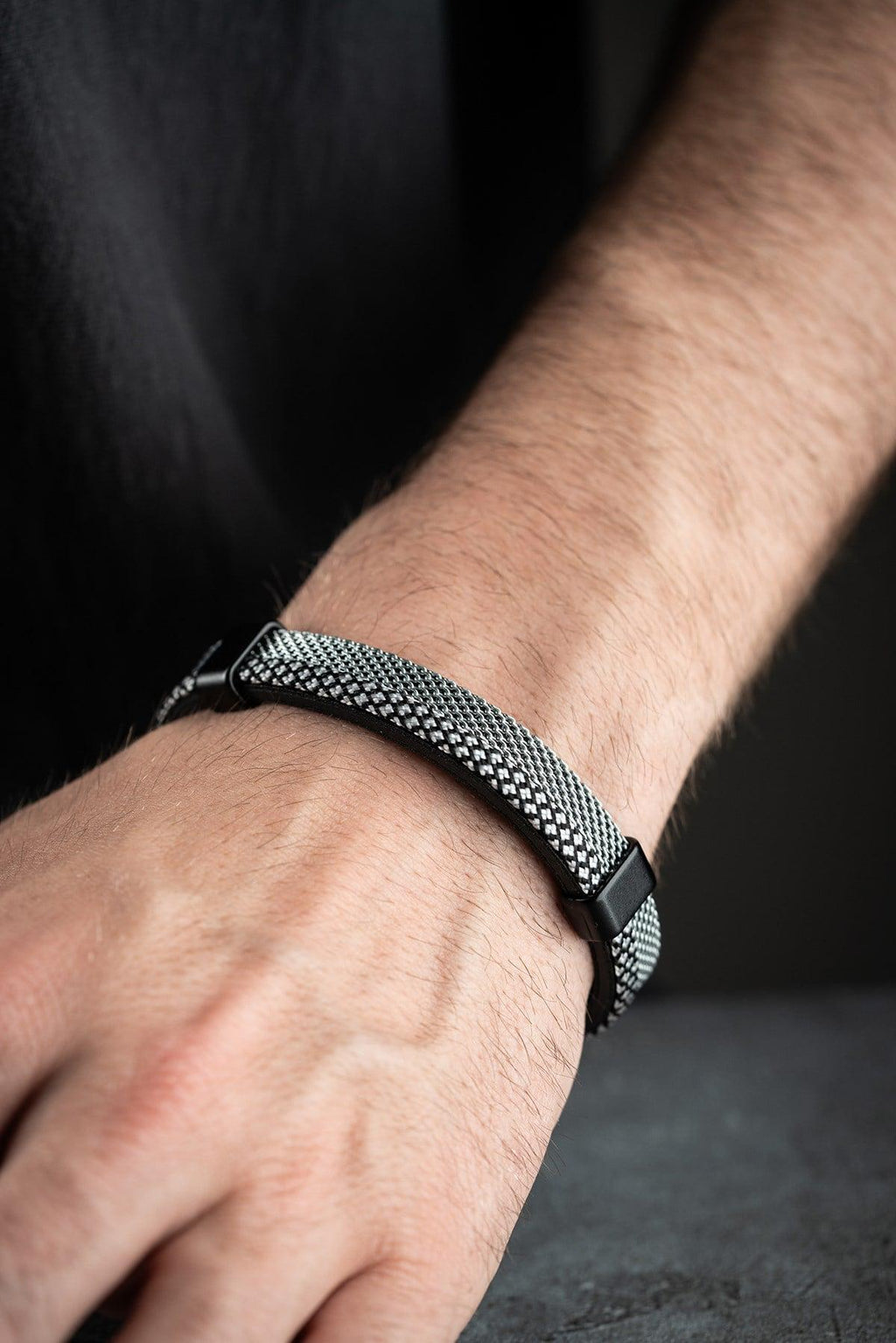 Black White Leather Bracelet, Braided Steel Bracelet for Men, Magnetic Clasp