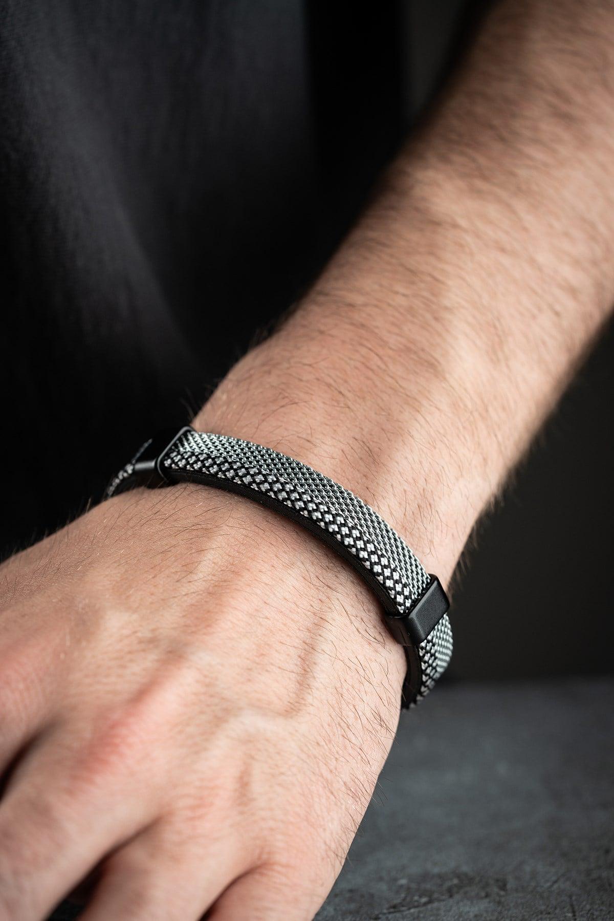 Black White Leather Bracelet, Braided Steel Bracelet for Men, Magnetic Clasp