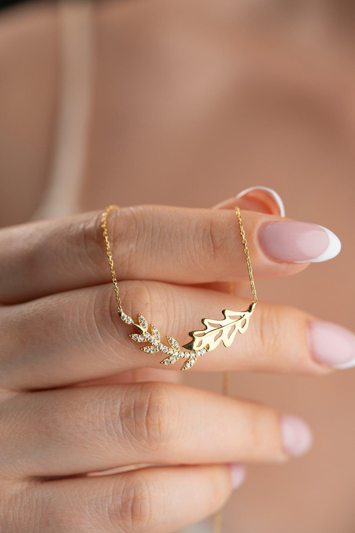 925 Sterling Silver, Olive Branch Necklace, Gold or Rhodium Plated Zircon