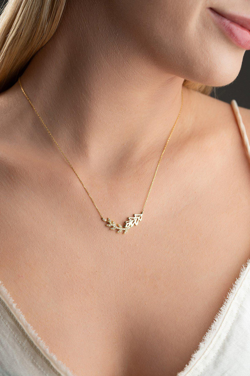 925 Sterling Silver, Olive Branch Necklace, Gold or Rhodium Plated Zircon